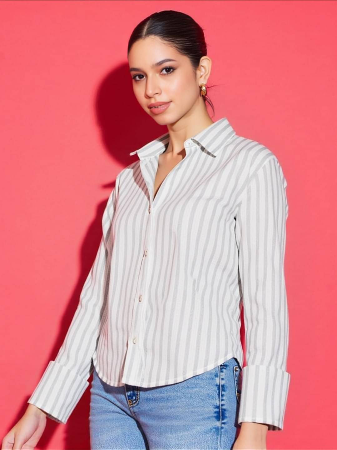 MAYKR Women Striped Cotton Blend Shirt ( Grey ) MAYKR Women Striped Cotton Blend Shirt ( Grey )