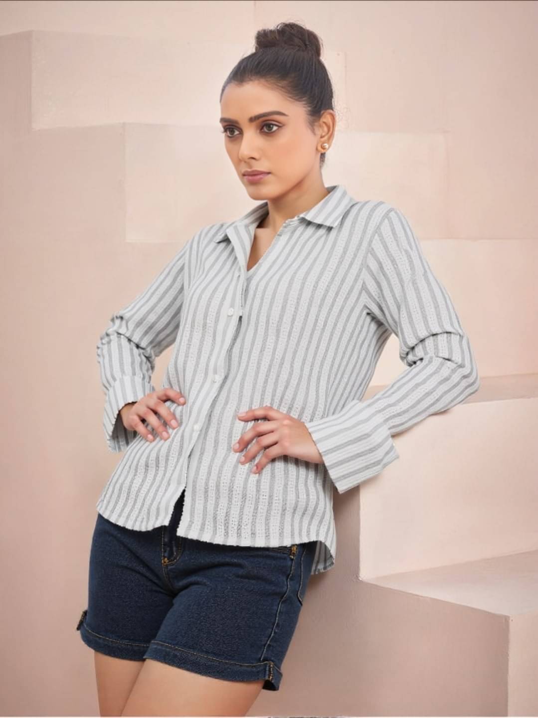     			MAYKR Women Striped Cotton Blend Shirt ( Grey )