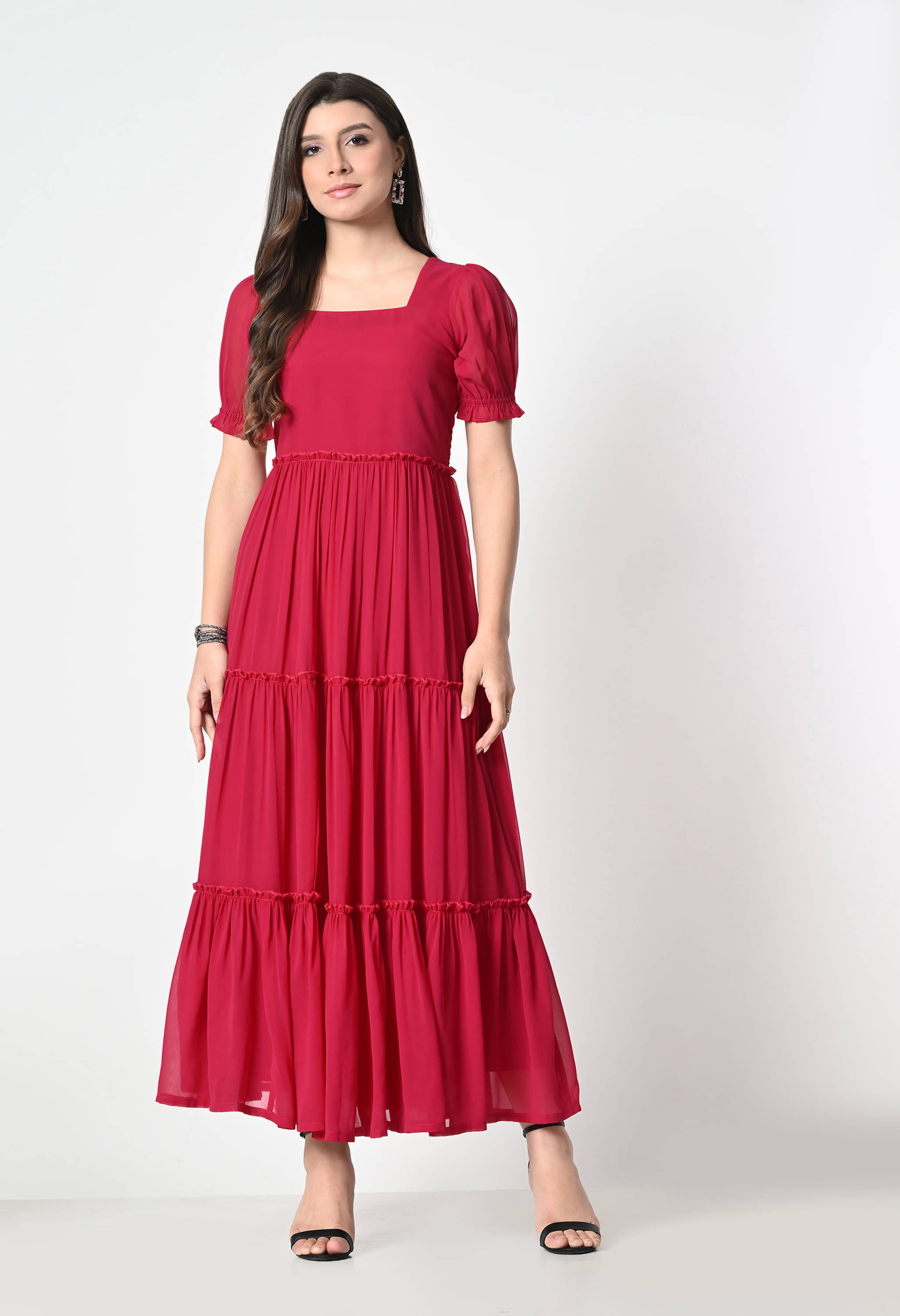     			OTIRA Women Georgette Solid A-line Dress ( Red )
