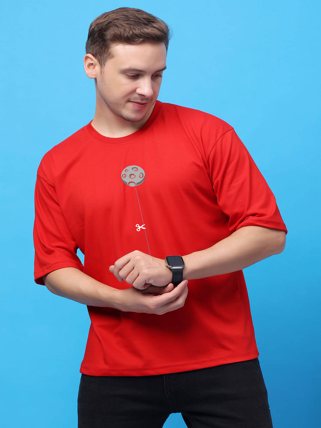 SWIFTLY Men Cotton Oversized Fit Printed T-Shirt ( Red ) SWIFTLY Men Cotton Oversized Fit Printed T-Shirt ( Red )