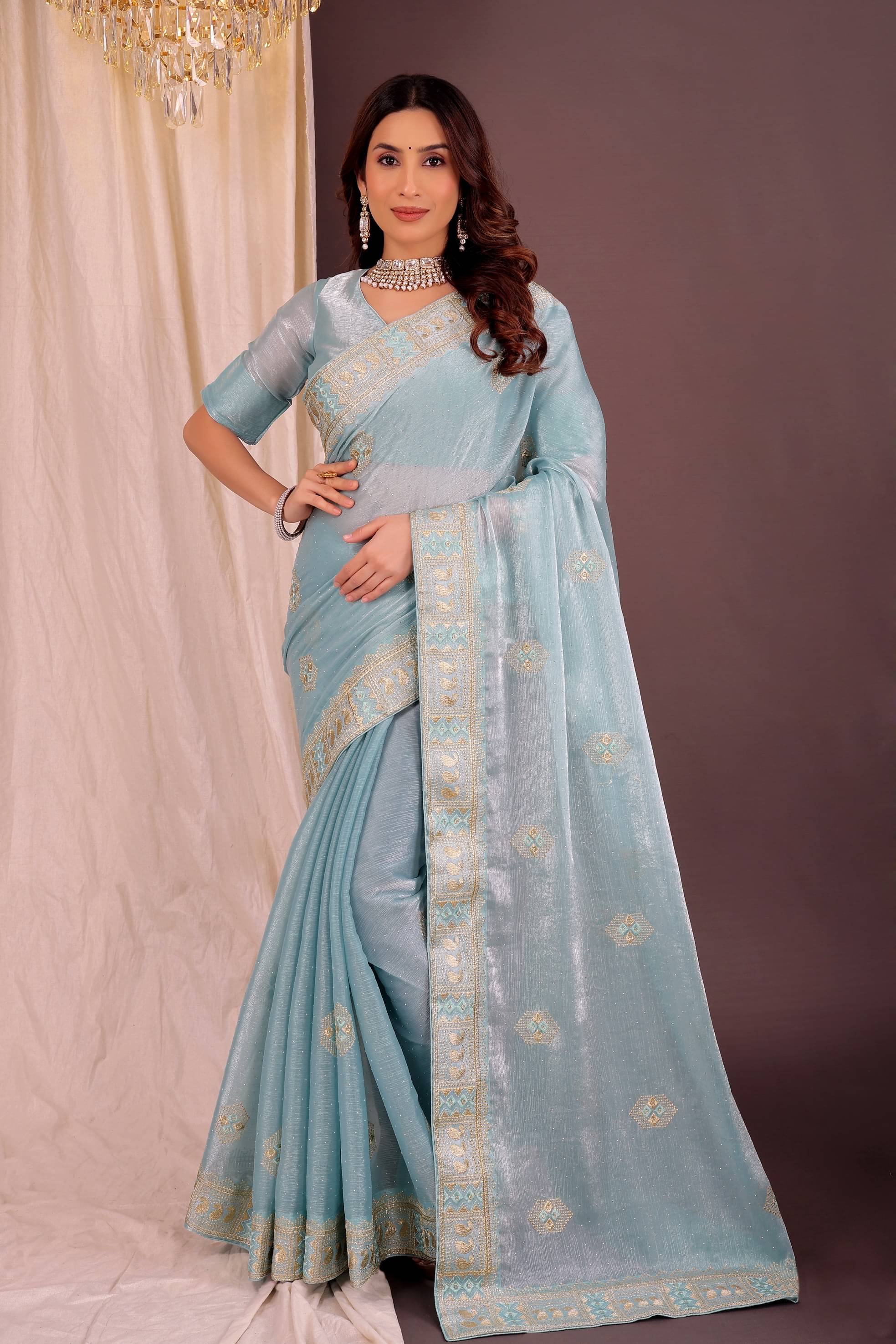 Vkaran Organza Embellished Saree With Unstitched Blouse Piece ( Sky Blue ) Vkaran Organza Embellished Saree With Unstitched Blouse Piece ( Sky Blue )