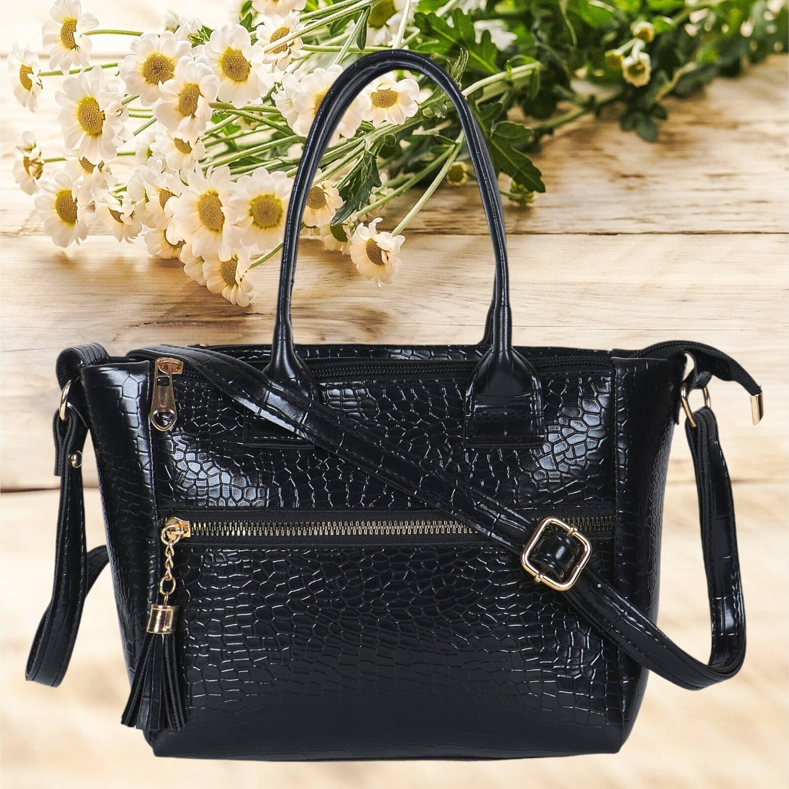     			WOB Handheld Bag Artificial Leather Set of 1 ( Black )