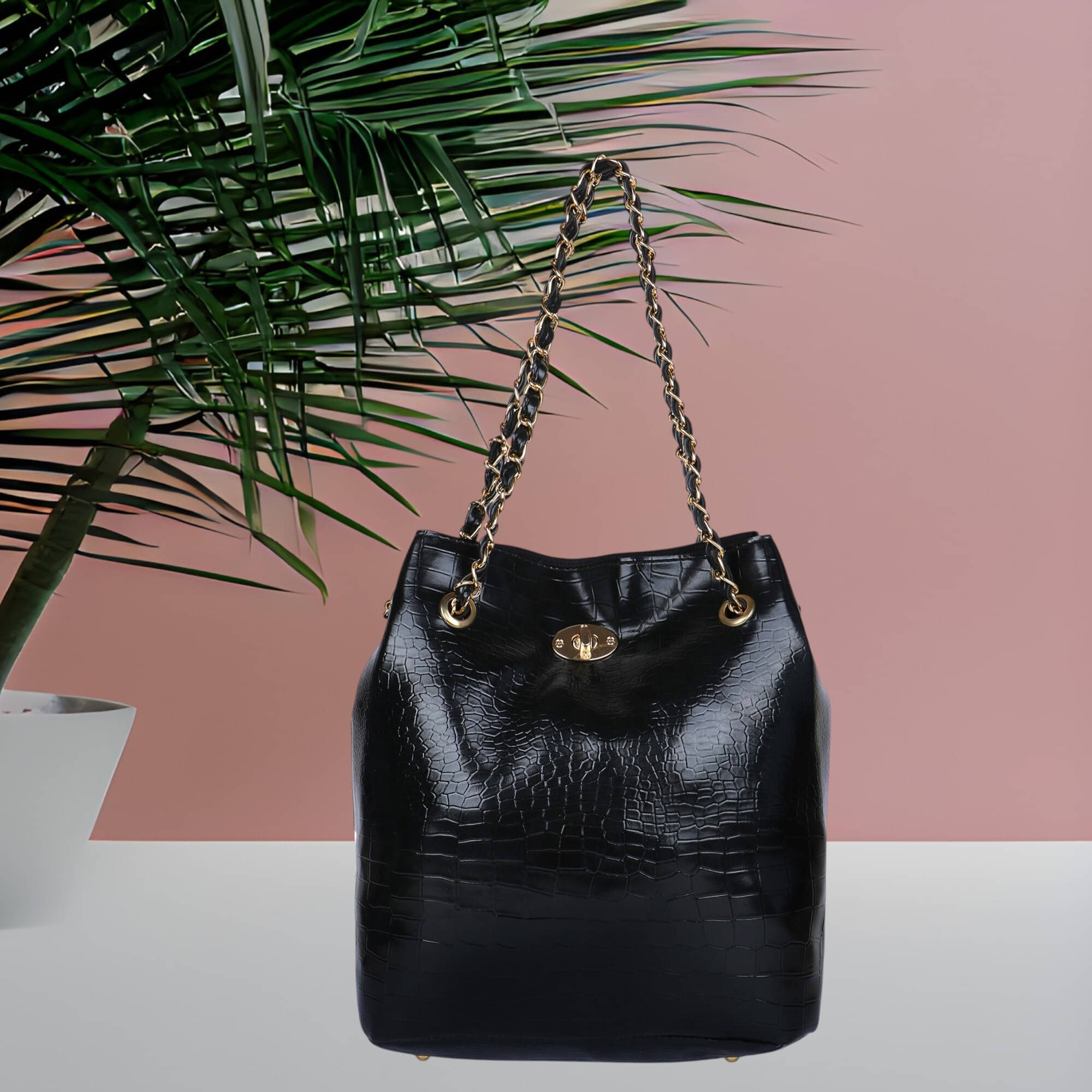     			WOB Handheld Bag Faux Leather Set of 1 ( Black )