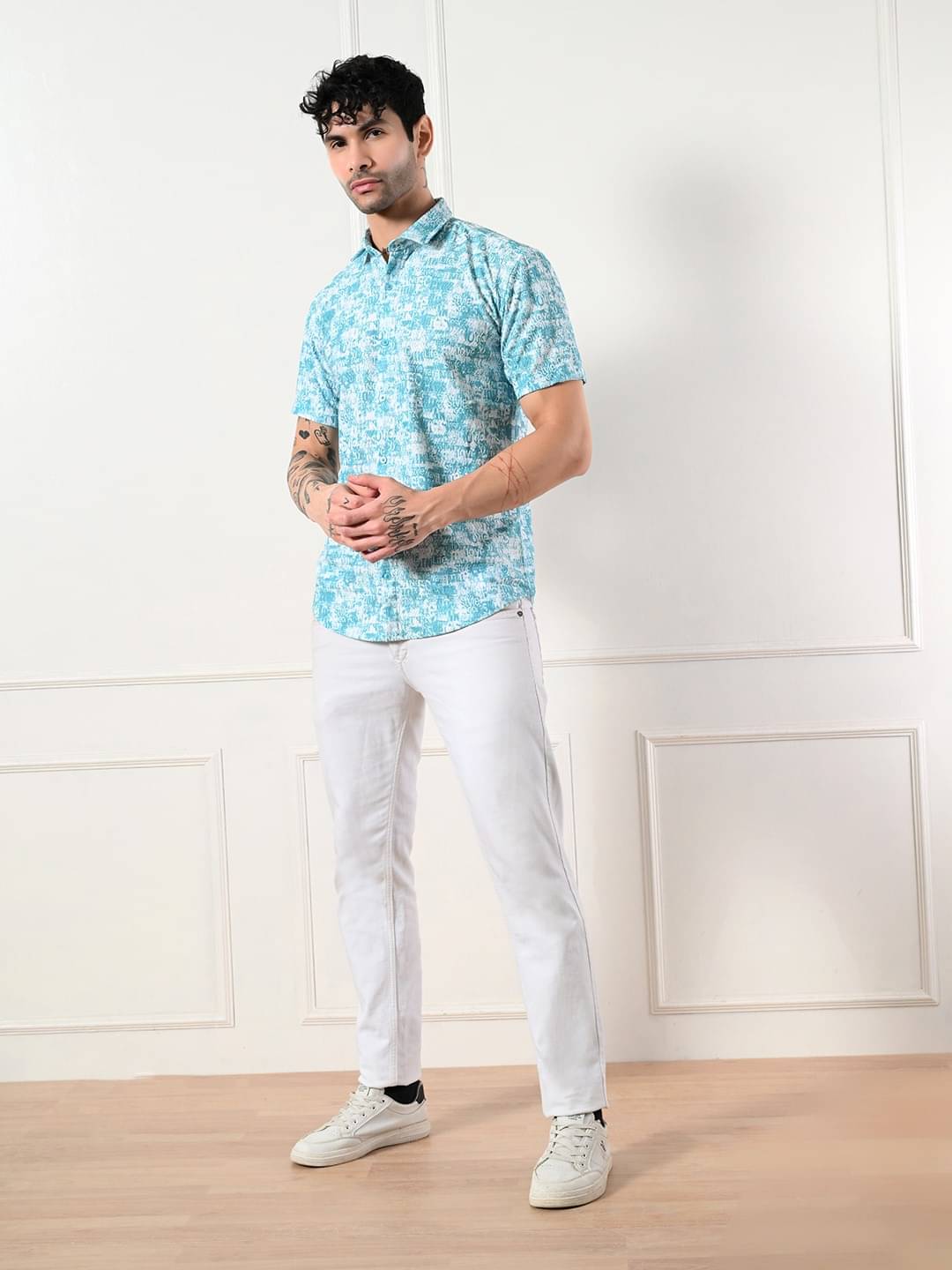     			7 GEN Cotton Blend Regular Fit Self Design Half Sleeves Men's Casual Shirt - Blue ( Pack of 1 )