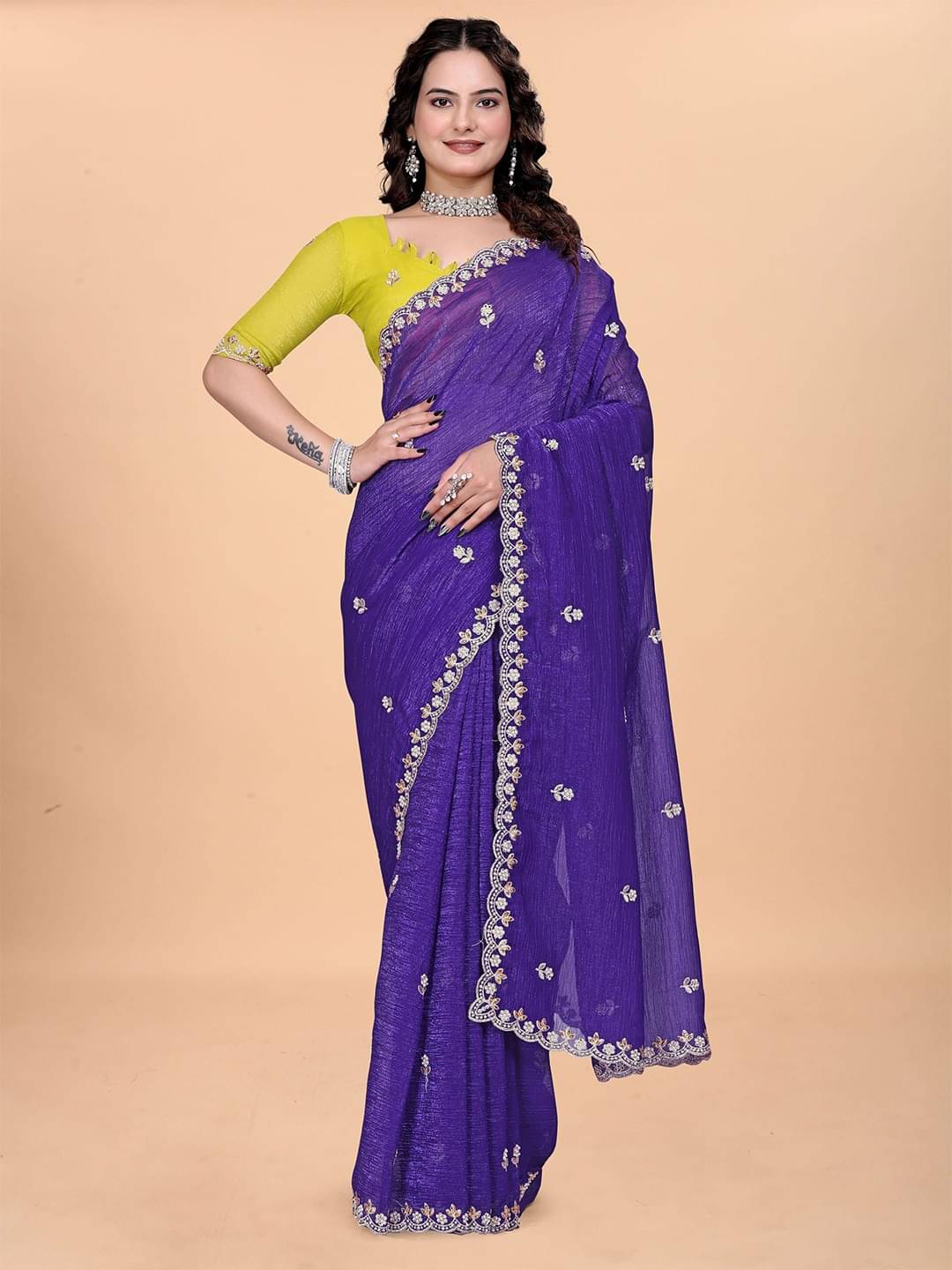     			A TO Z CART Chiffon Embroidered Saree With Unstitched Blouse Piece ( Blue )