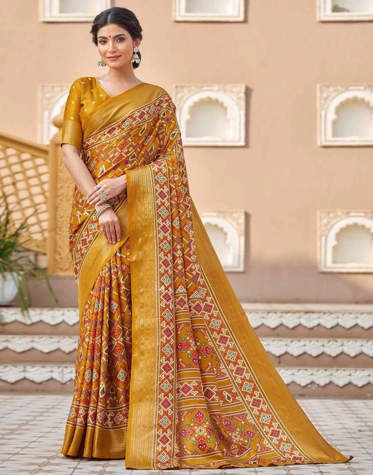 A TO Z CART Silk Blend Printed Saree With Unstitched Blouse Piece ( Yellow ) A TO Z CART Silk Blend Printed Saree With Unstitched Blouse Piece ( Yellow )