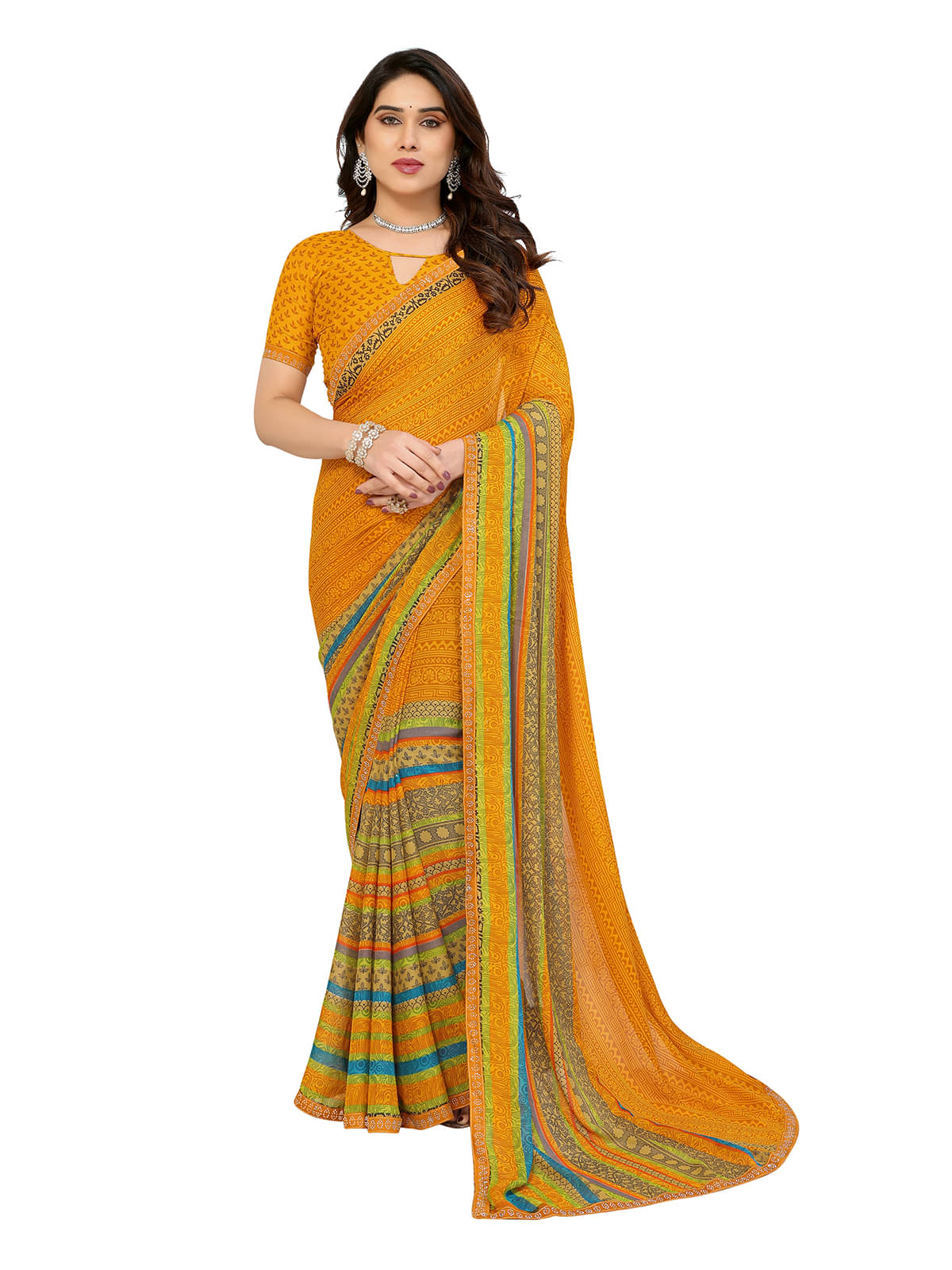 ANAND SAREES Georgette Printed Ilkal Saree With Unstitched Blouse Piece ( Yellow ) ANAND SAREES Georgette Printed Ilkal Saree With Unstitched Blouse Piece ( Yellow )