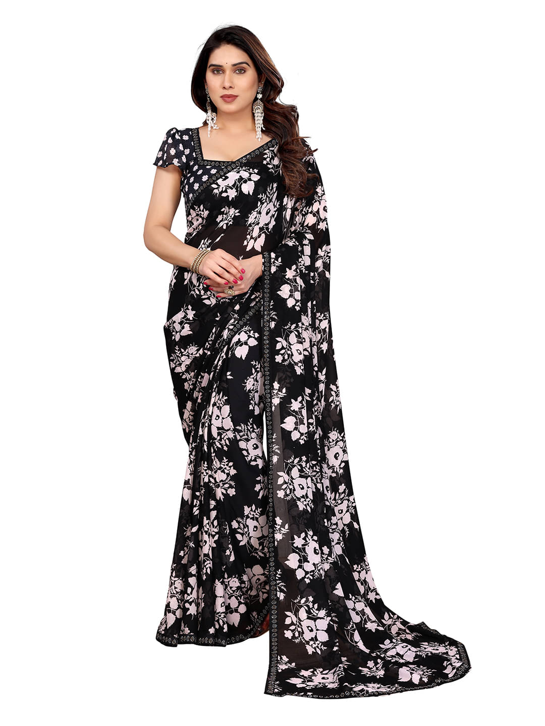     			ANAND SAREES Georgette Printed Ilkal Saree With Unstitched Blouse Piece ( Black )