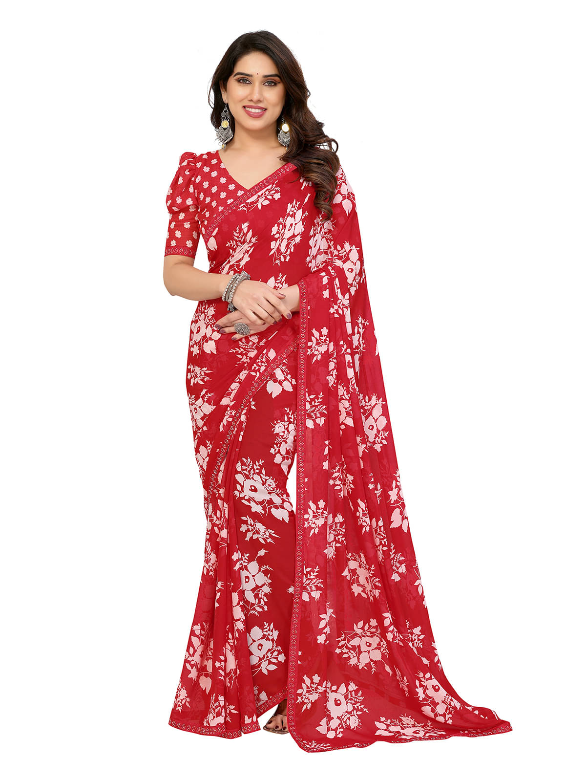     			ANAND SAREES Georgette Printed Ilkal Saree With Unstitched Blouse Piece ( Red )