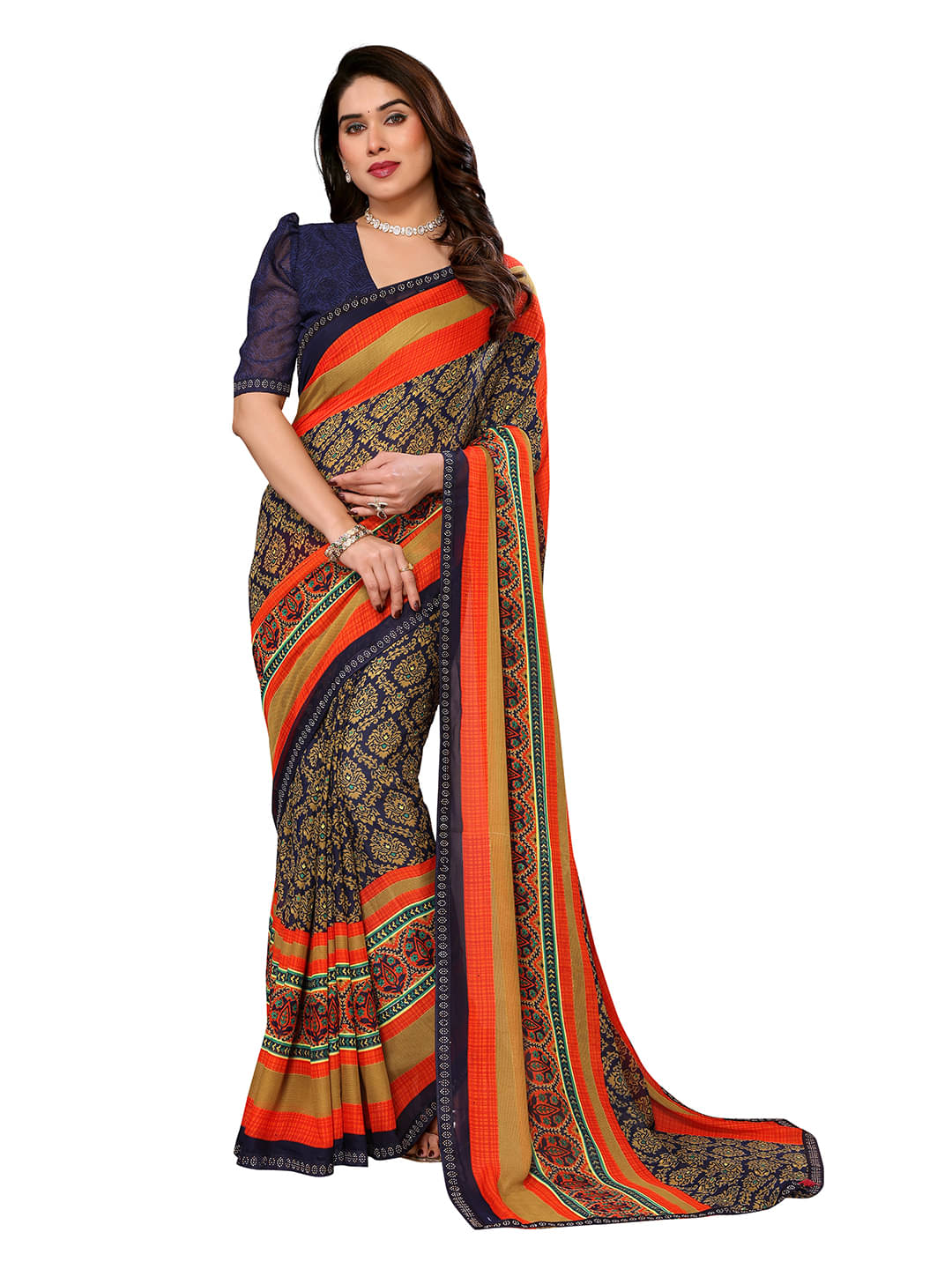     			ANAND SAREES Georgette Printed Ilkal Saree With Unstitched Blouse Piece ( Blue )