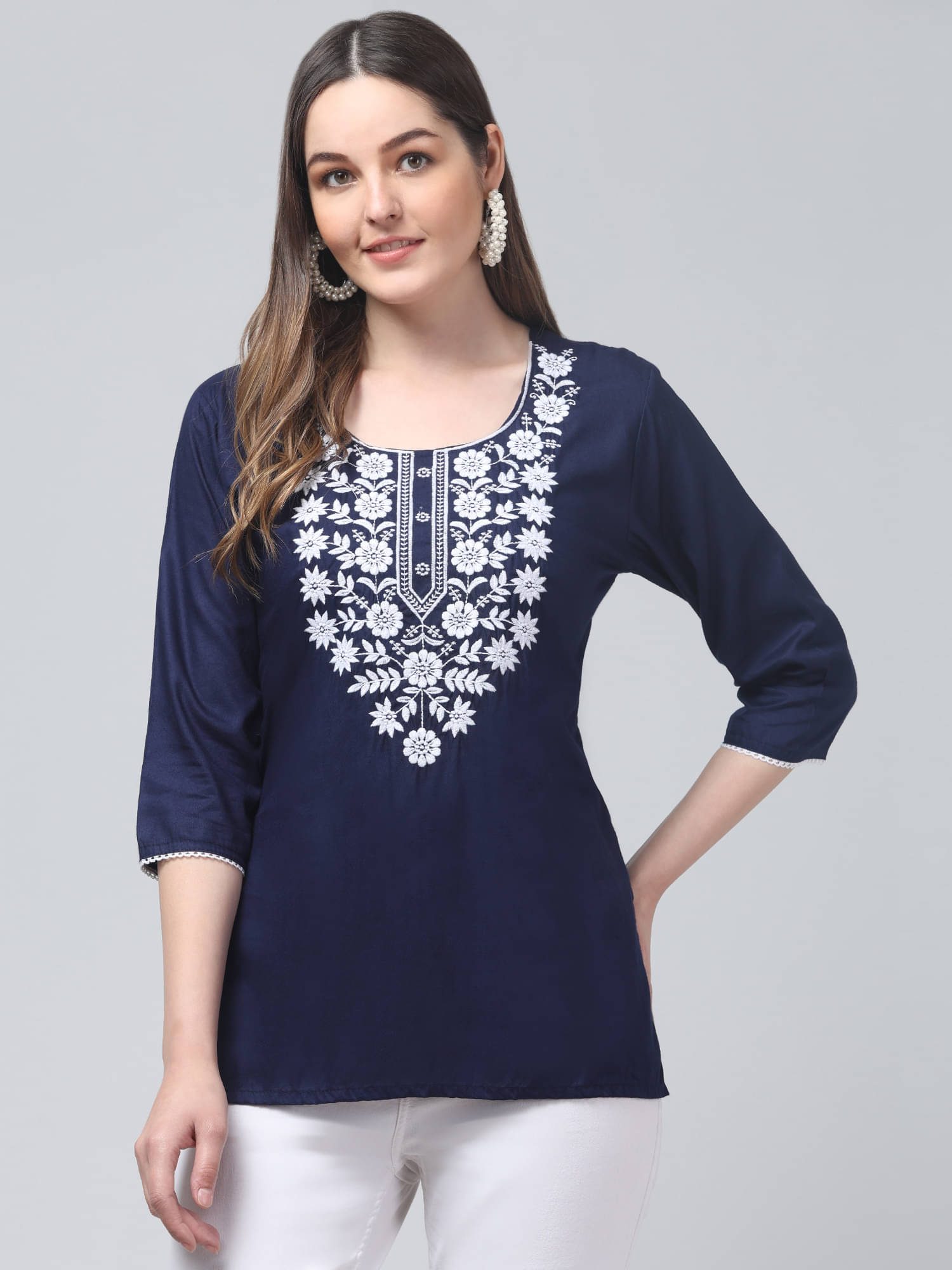 Aura Glam Women's Rayon Regular Top ( Navy Blue )     			Aura Glam Women's Rayon Regular Top ( Navy Blue )