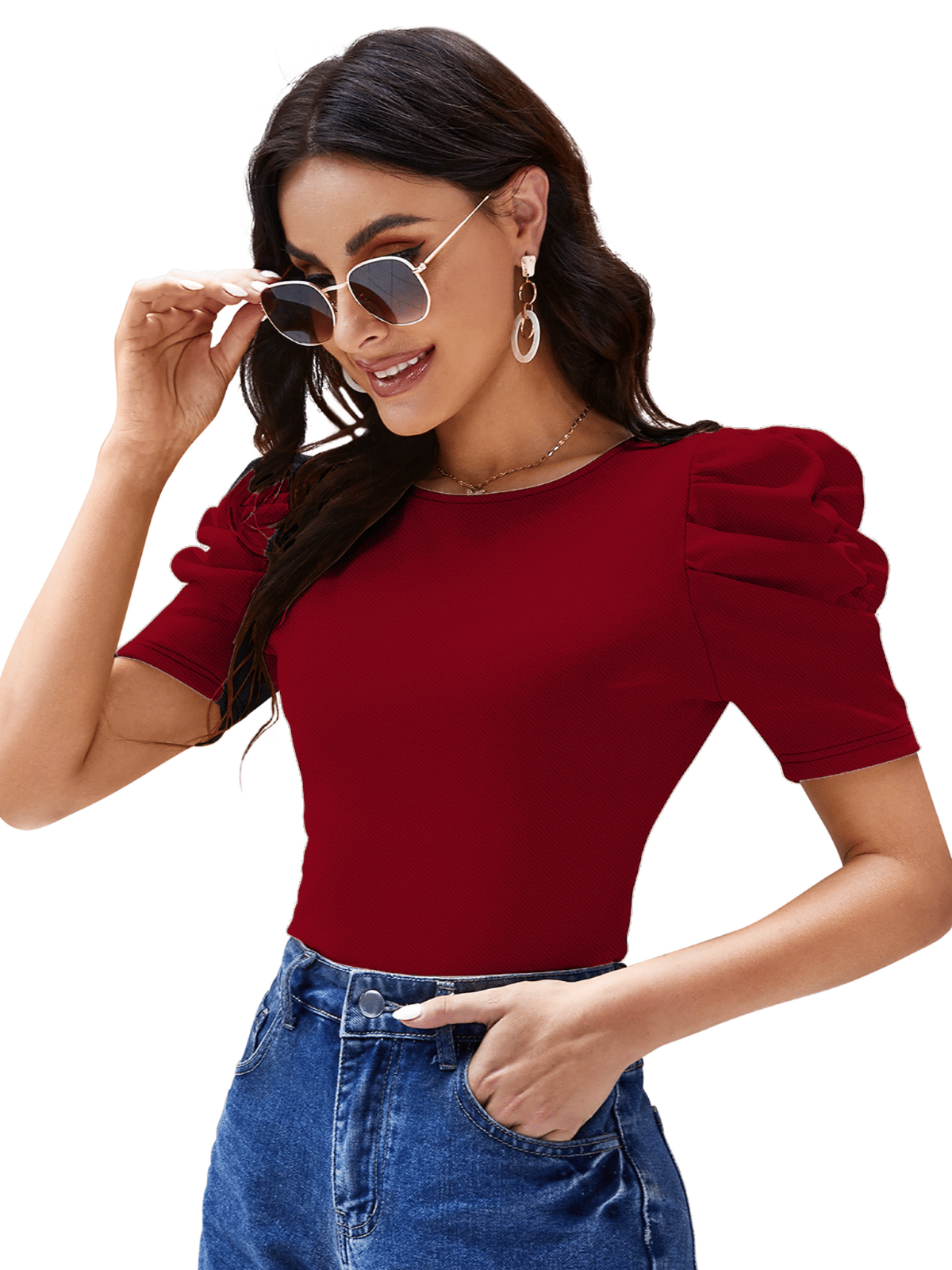 DELTIN HUB Women's Cotton Blend Regular Top ( Maroon ) DELTIN HUB Women's Cotton Blend Regular Top ( Maroon )
