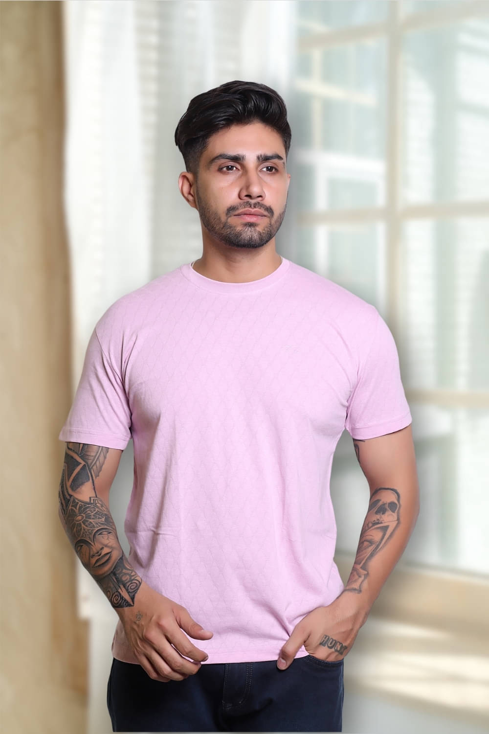     			FLYIND VOGUE OUTFIT Men Cotton Blend Regular Fit Self Design T-Shirt ( Pink )