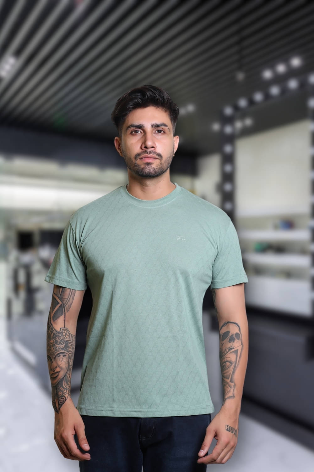 FLYIND VOGUE OUTFIT Men Cotton Blend Regular Fit Self Design T-Shirt ( Mint Green )     			FLYIND VOGUE OUTFIT Men Cotton Blend Regular Fit Self Design T-Shirt ( Mint Green )