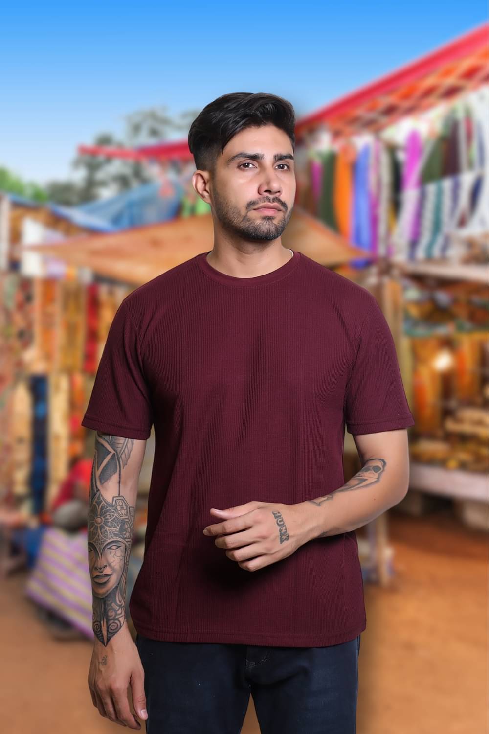     			FLYIND VOGUE OUTFIT Men Cotton Blend Regular Fit Self Design T-Shirt ( Maroon )