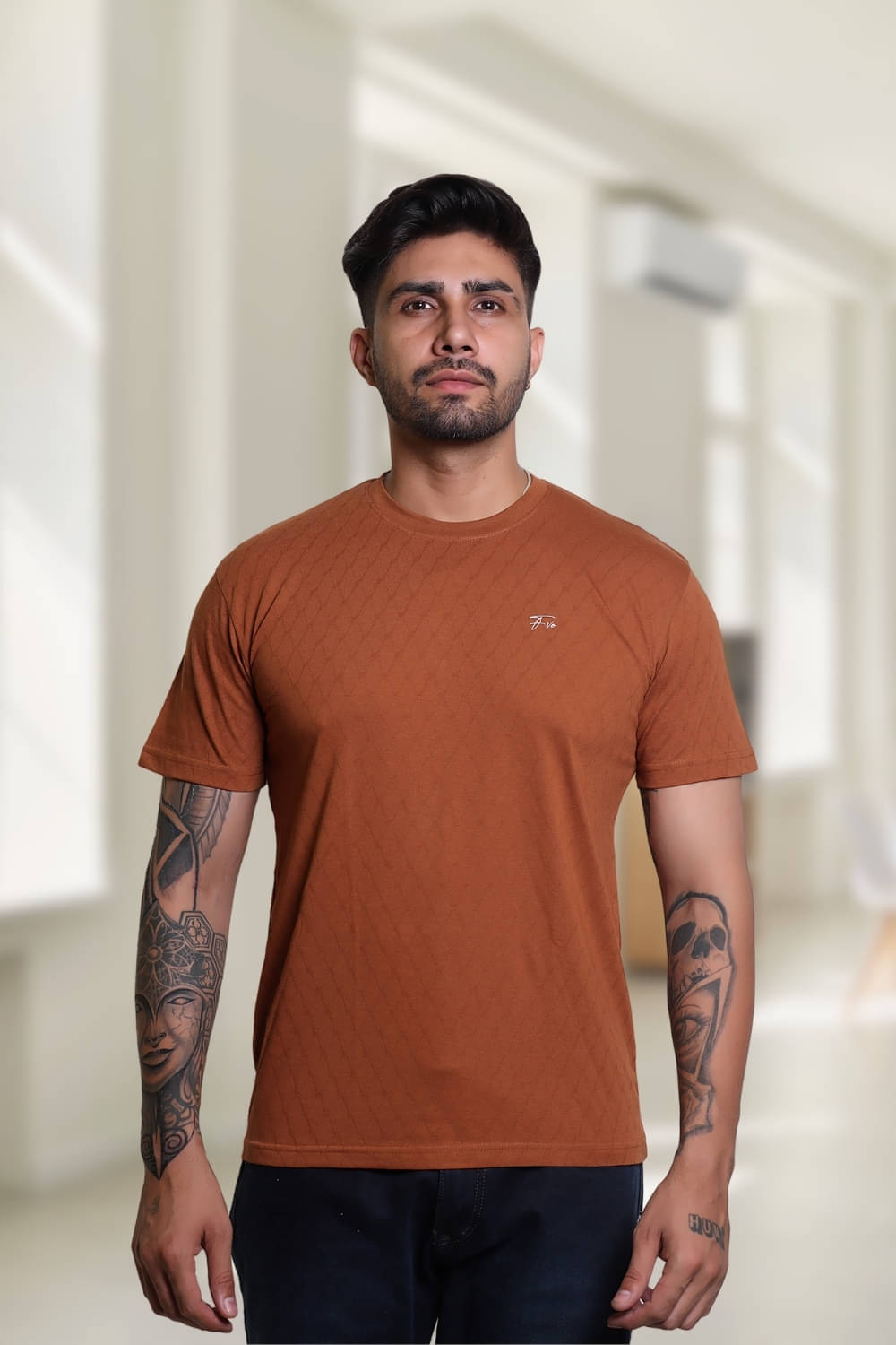 FLYIND VOGUE OUTFIT Men Cotton Blend Regular Fit Self Design T-Shirt ( Brown ) FLYIND VOGUE OUTFIT Men Cotton Blend Regular Fit Self Design T-Shirt ( Brown )