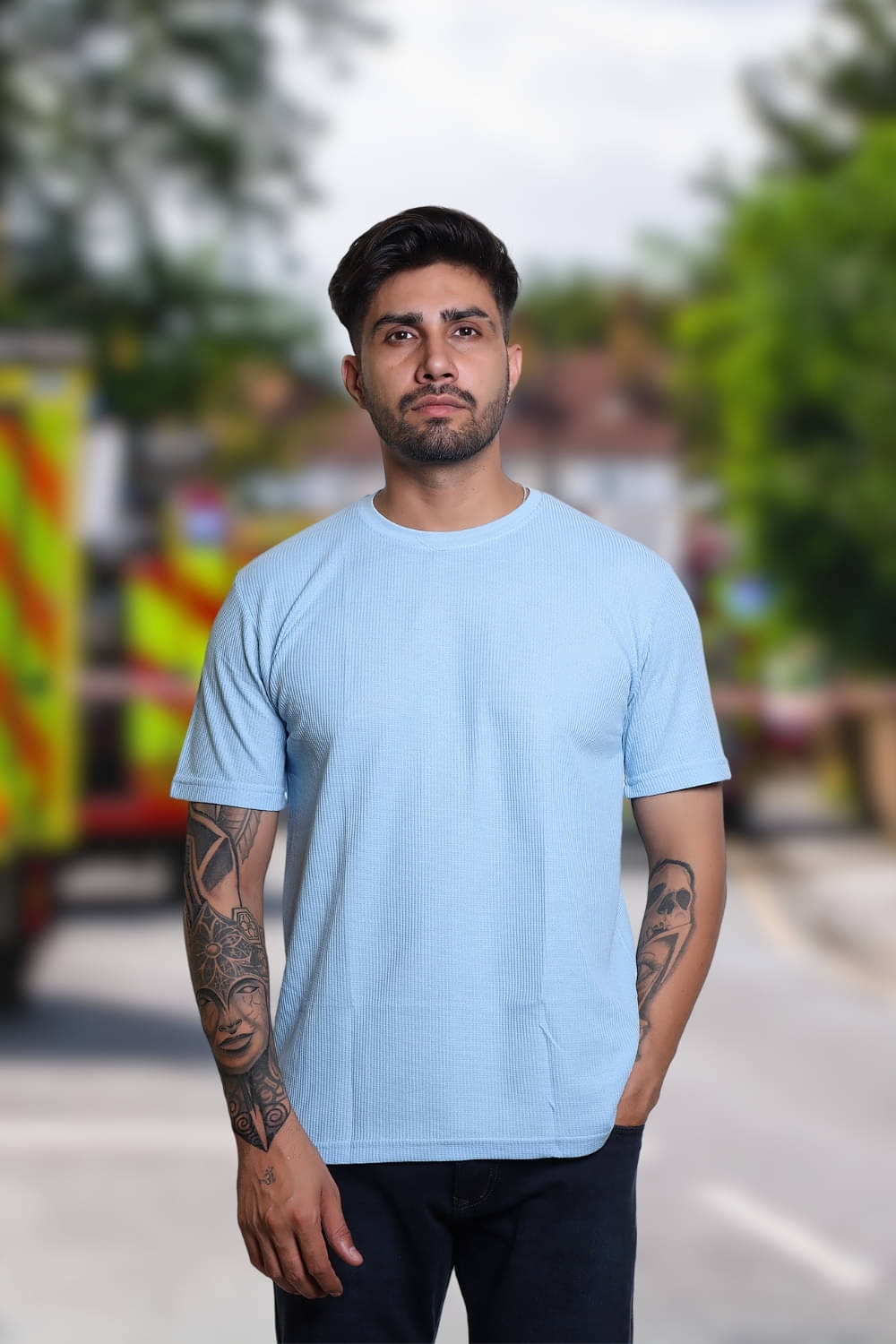     			FLYIND VOGUE OUTFIT Men Cotton Blend Regular Fit Self Design T-Shirt ( Sky Blue )