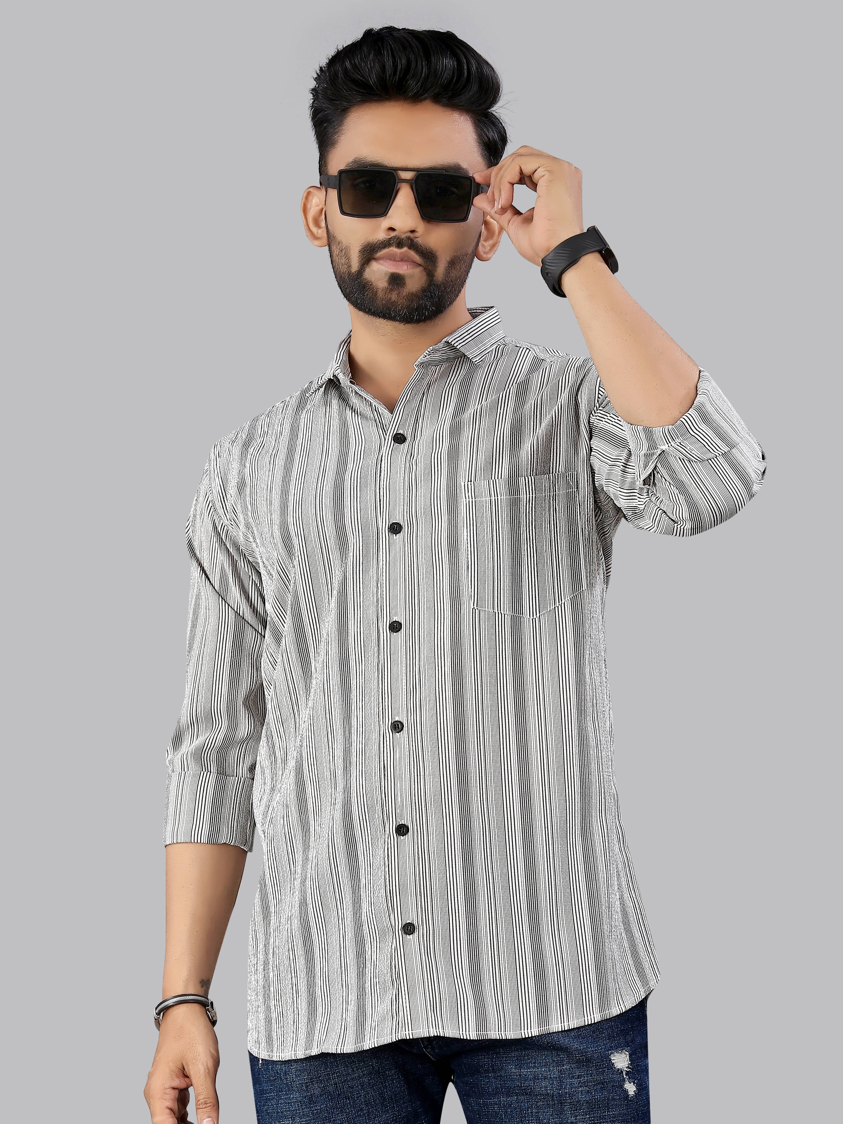 Fashionfricks Cotton Flex Regular Fit Striped Full Sleeves Men's Casual Shirt - Grey ( Pack of 1 ) Fashionfricks Cotton Flex Regular Fit Striped Full Sleeves Men's Casual Shirt - Grey ( Pack of 1 )