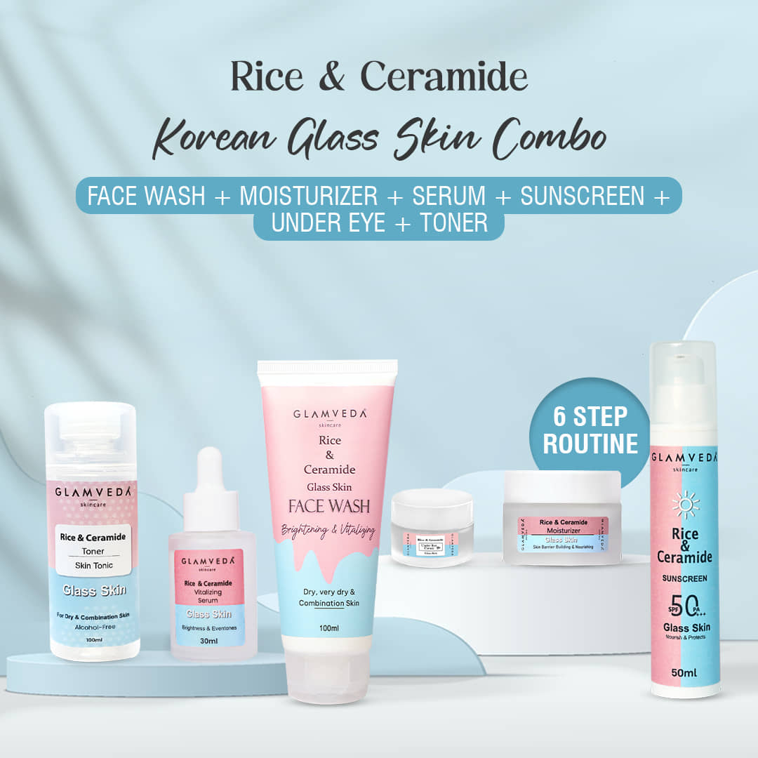 Glamveda Korean Glass Skin Rice & Ceramide 6 Step Daily Skincare Routine For Women with Gift Box | Face wash, Toner, Serum, Under eye cream, Moisturizer & Sunscreen