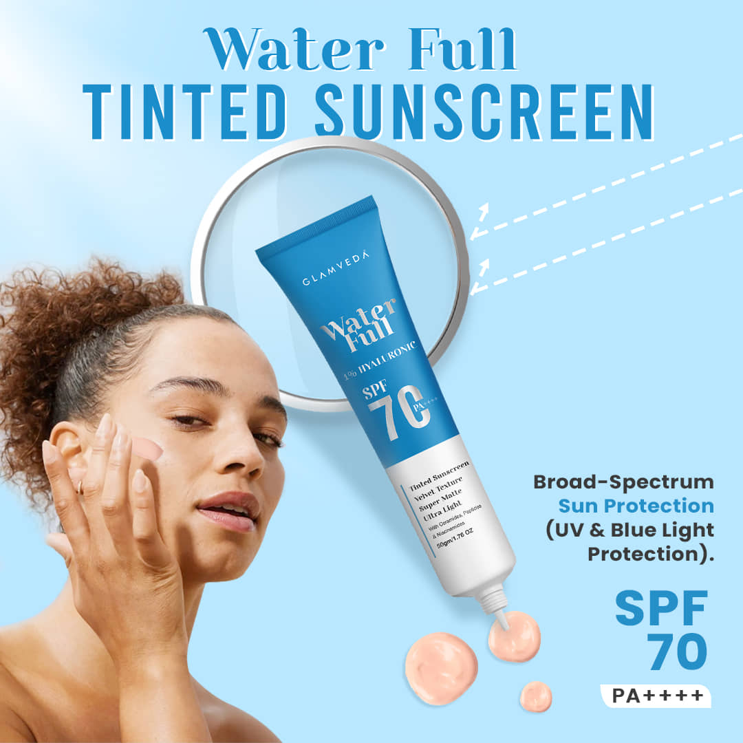 Glamveda Spf 70 Pa++++ Water Full 1% Hyaluronic Tinted Sunscreen Velvet Texture , 50ml