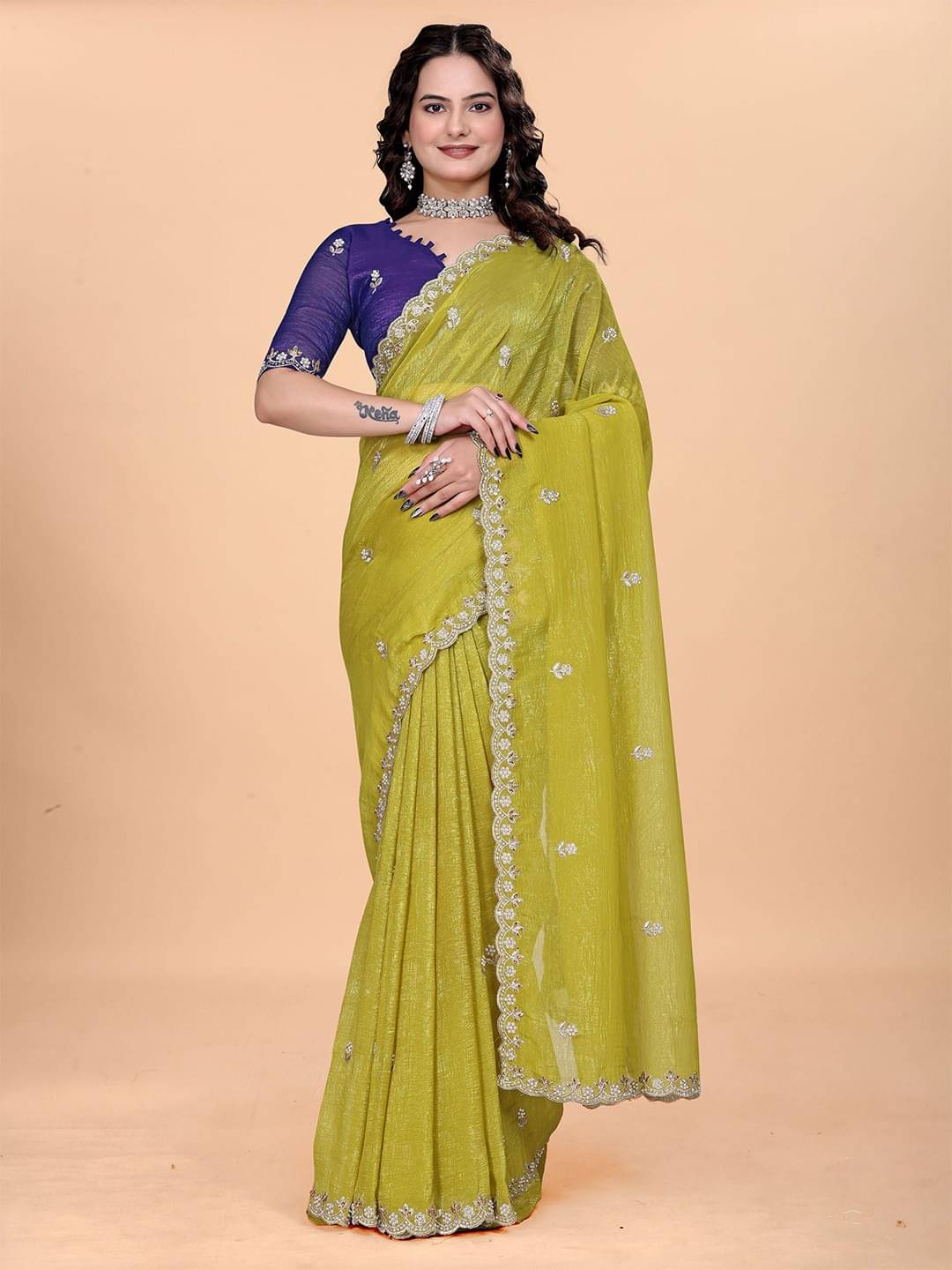 JULEE Chiffon Embroidered Saree With Unstitched Blouse Piece ( Lime Green1 ) JULEE Chiffon Embroidered Saree With Unstitched Blouse Piece ( Lime Green1 )