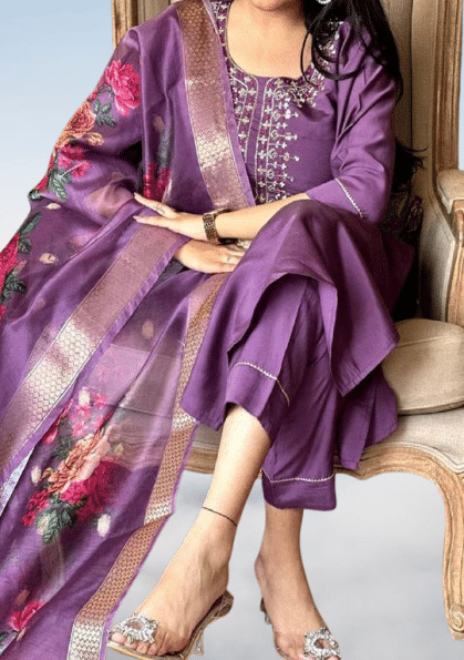     			KRISHNA ENTERPRISE Women Cotton Blend Embroidered A-line Kurti With Salwar ( Purple )