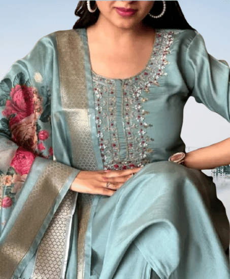     			KRISHNA ENTERPRISE Women Cotton Blend Embroidered A-line Kurti With Salwar ( Aqua Blue )