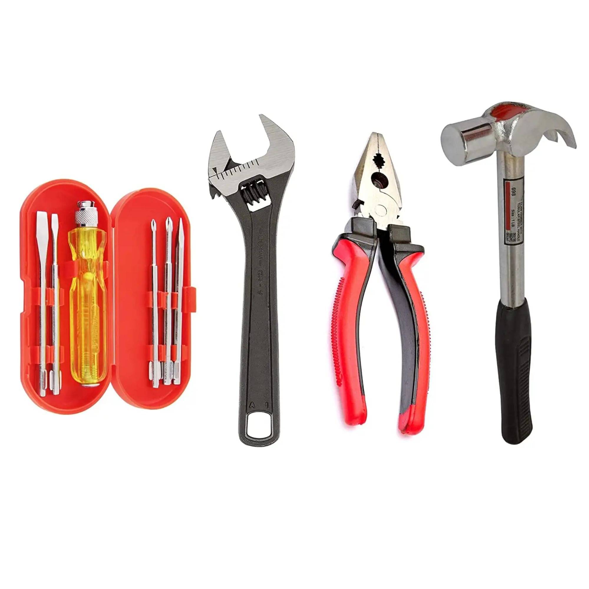 Kadio Hand Tools Combo Set With 8" Adjustable Wrench, 8" Rubber Grip Combination Plier, Claw Hammer, 5 Pcs Screwdriver Set With Box (Set of 4) Kadio Hand Tools Combo Set With 8" Adjustable Wrench, 8" Rubber Grip Combination Plier, Claw Hammer, 5 Pcs Screwdriver Set With Box (Set of 4)