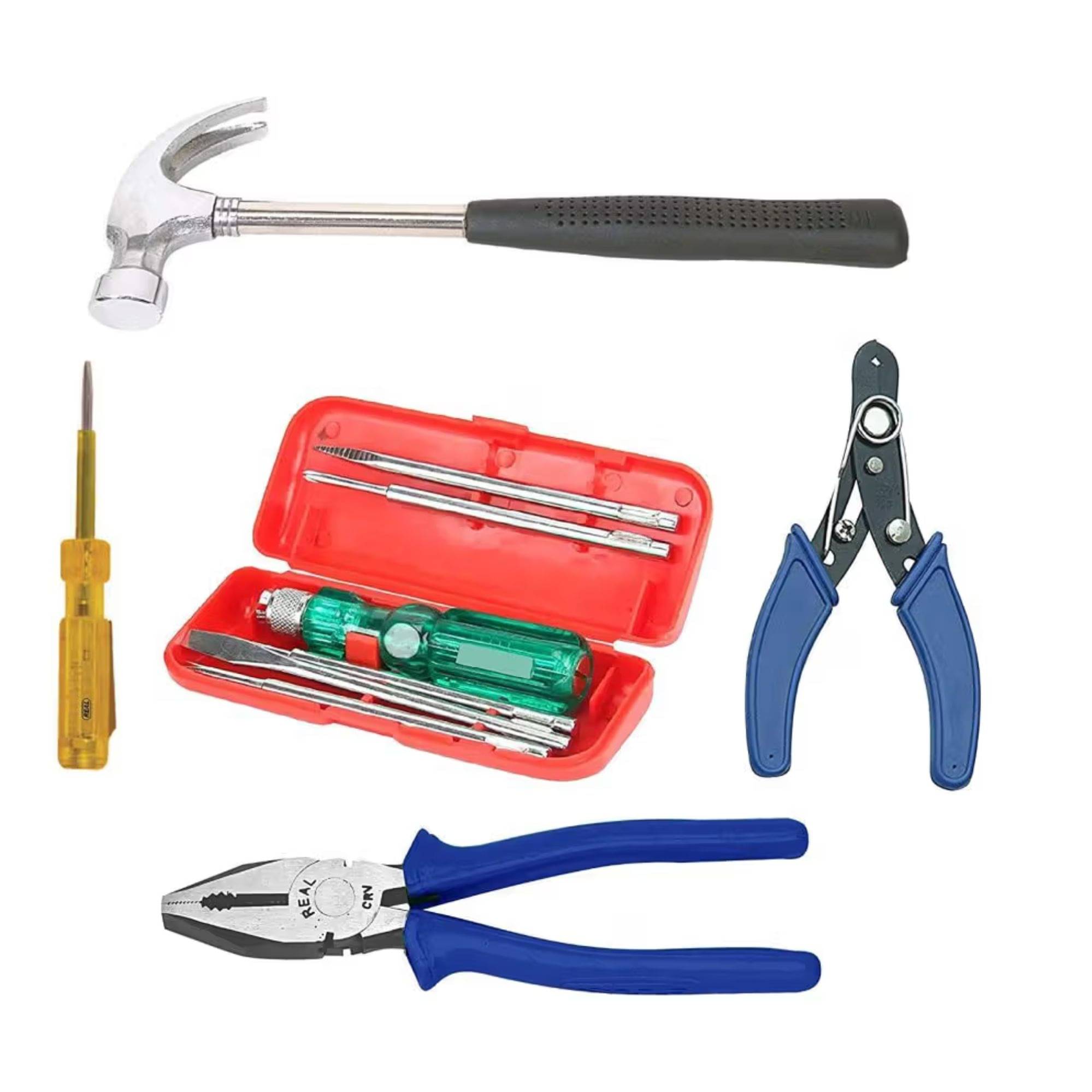 Kadio Hand Tools Combo Set With 8" Combination Plier, Wire Cutter, 8" Claw Hammer, tester, 5 Pcs Screwdriver Set With Box (Set of 5) Kadio Hand Tools Combo Set With 8" Combination Plier, Wire Cutter, 8" Claw Hammer, tester, 5 Pcs Screwdriver Set With Box (Set of 5)