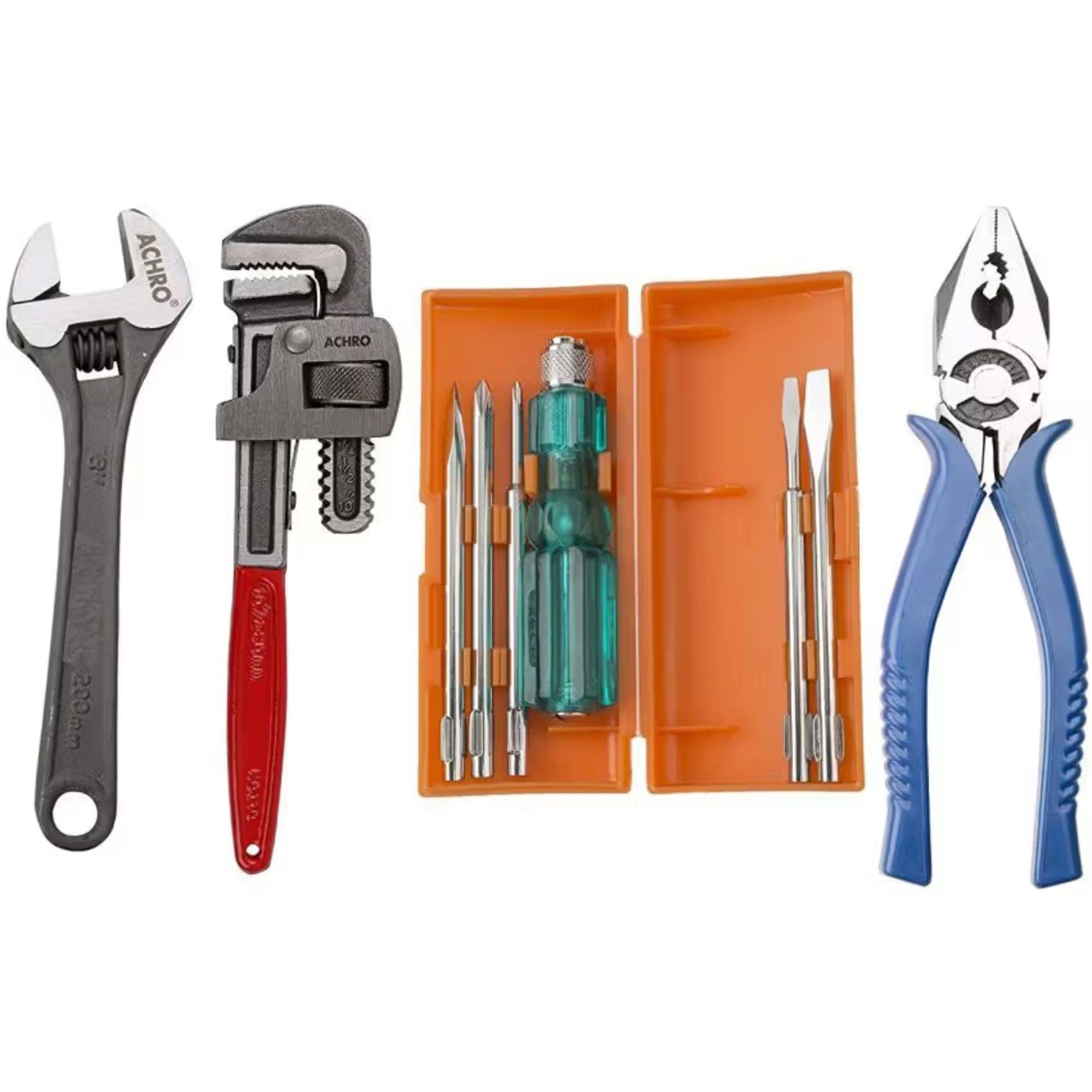 Kadio Hand Tools Combo Set With 8" Adjustable Wrench, 10" Pipe Wrench, 8" Combination Plier, 5 Pcs Screwdriver set with Box (Set of 4) Kadio Hand Tools Combo Set With 8" Adjustable Wrench, 10" Pipe Wrench, 8" Combination Plier, 5 Pcs Screwdriver set with Box (Set of 4)