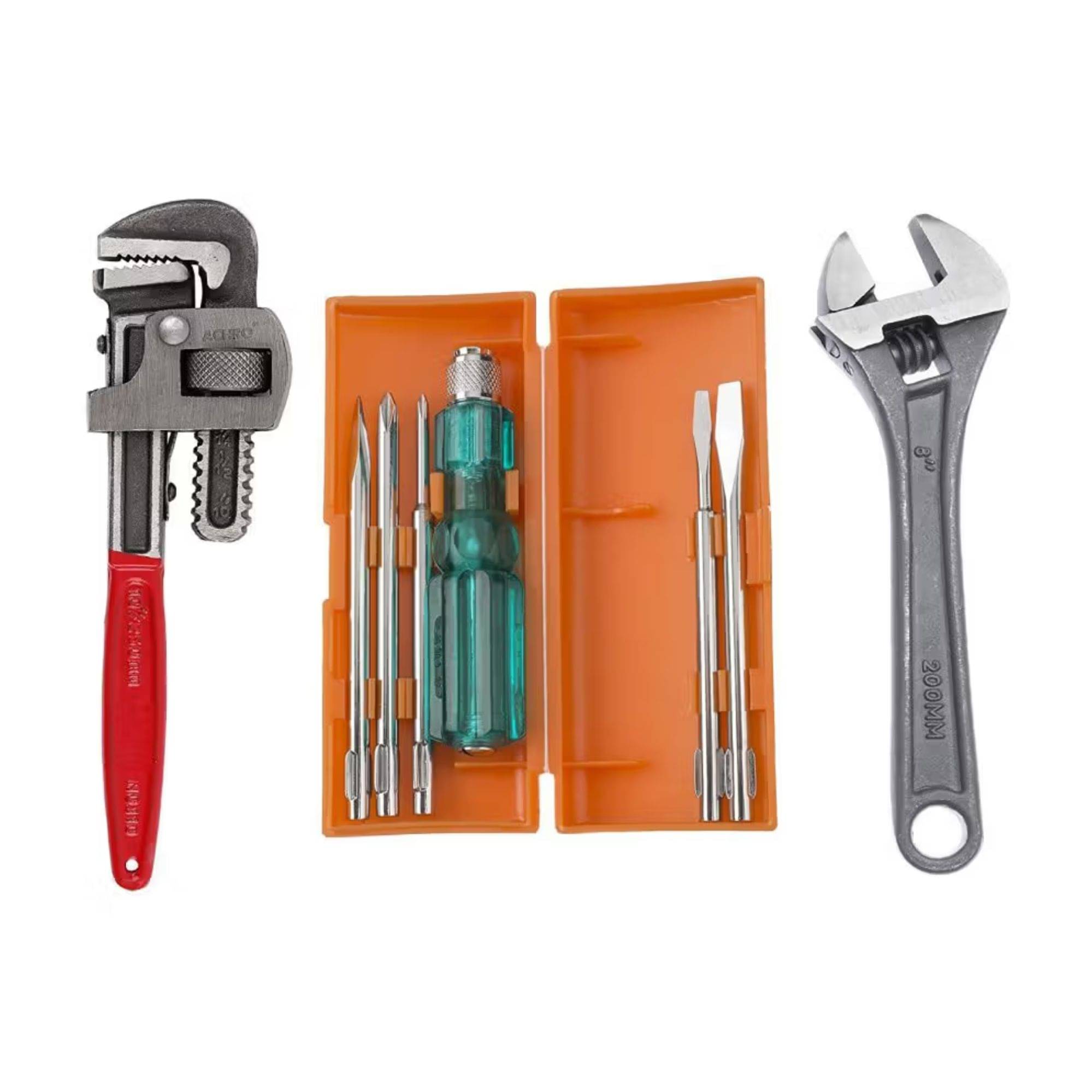 Kadio Hand Tools Combo Set With 8" Adjustable Wrench, 10" Pipe Wrench, 5Pcs Screwdriver Set with Box (Set of 3)     			Kadio Hand Tools Combo Set With 8" Adjustable Wrench, 10" Pipe Wrench, 5Pcs Screwdriver Set with Box (Set of 3)