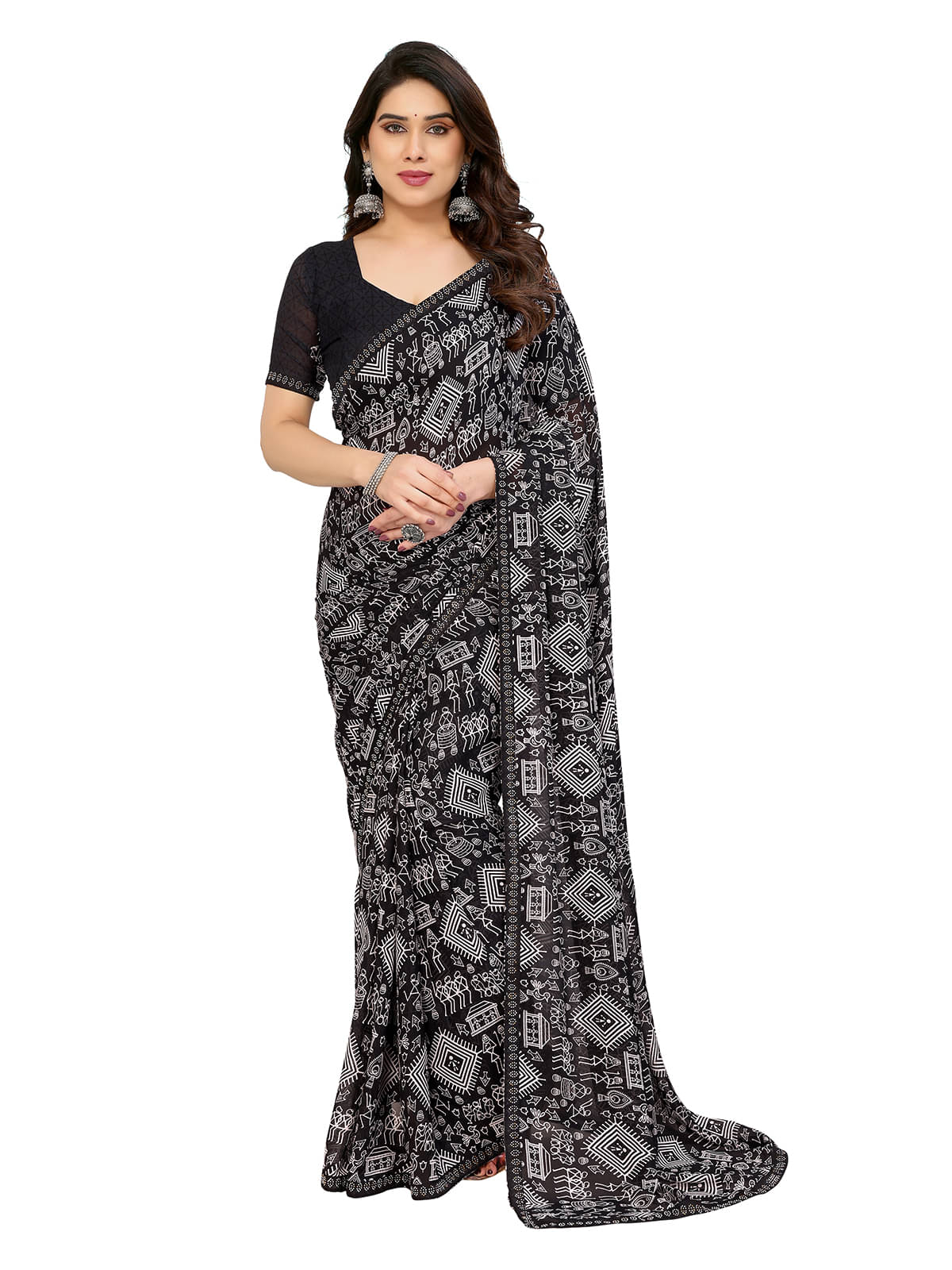     			Kashvi Sarees Georgette Printed Ilkal Saree With Unstitched Blouse Piece ( Black )