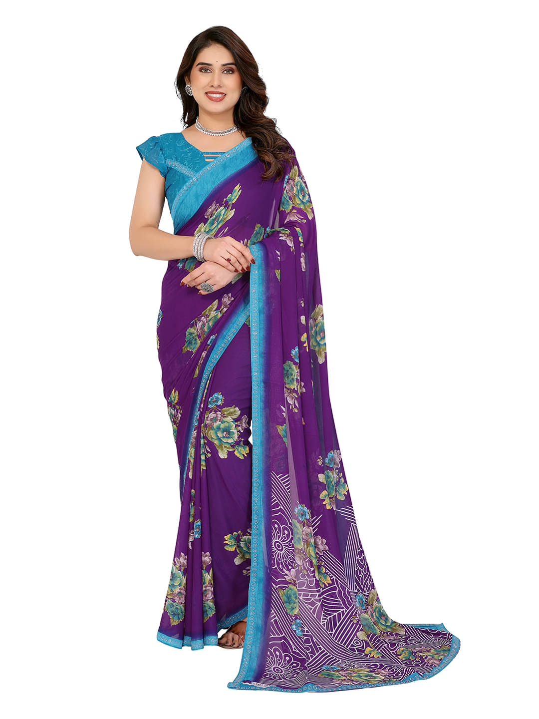     			Kashvi Sarees Georgette Printed Ilkal Saree With Unstitched Blouse Piece ( Purple )