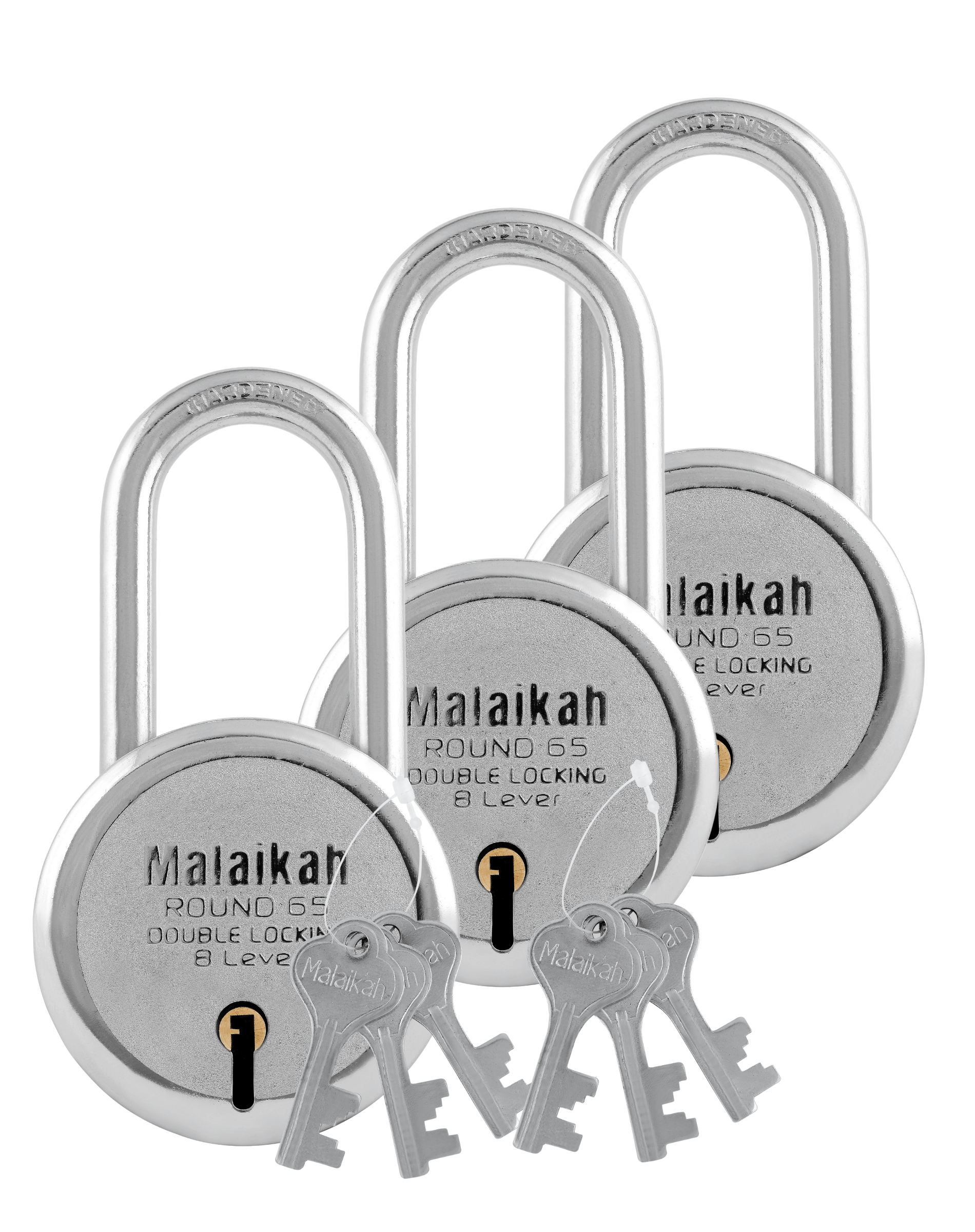 Malaikah Round 65mm Long Shackle Double Locking 8 Lever Comes With 3 Keys Pack Of 3 Malaikah Round 65mm Long Shackle Double Locking 8 Lever Comes With 3 Keys Pack Of 3