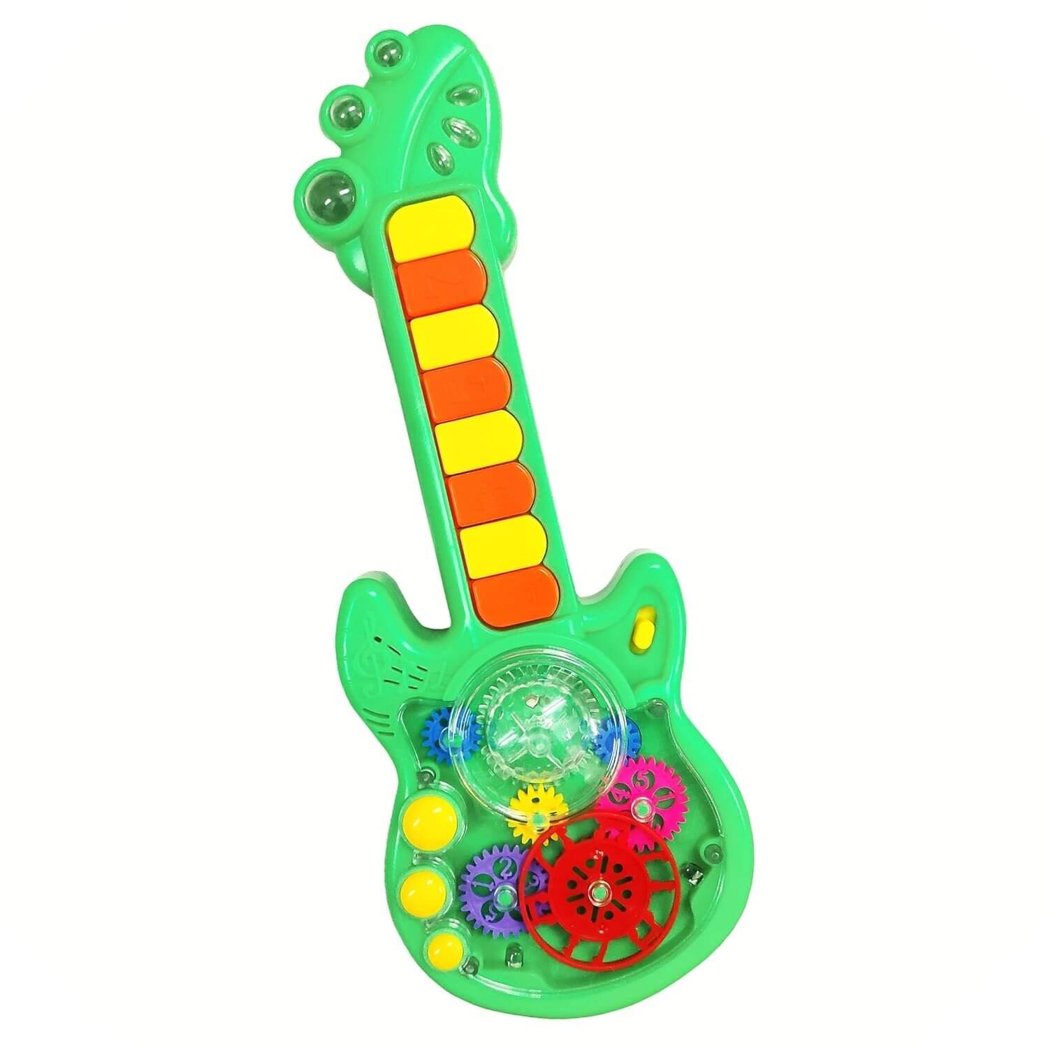     			Mini Musical Gear Guitar Toy for Kids and Toddlers | Eight Key Switches, Piano Sound, Flashing Lights, Transparent Rotating Gear Mechanism (Multicolor)