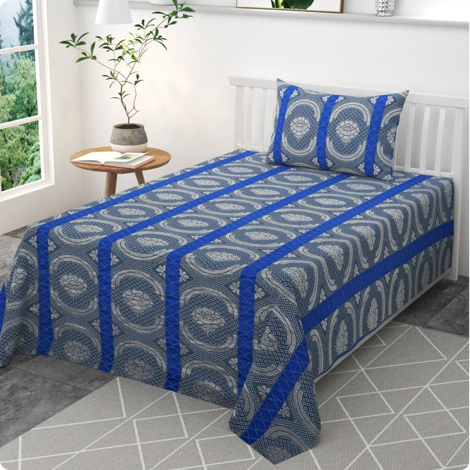 Mithan Silk 1 Single Bedsheet with 1 Pillow Cover ( Blue ) Mithan Silk 1 Single Bedsheet with 1 Pillow Cover ( Blue )