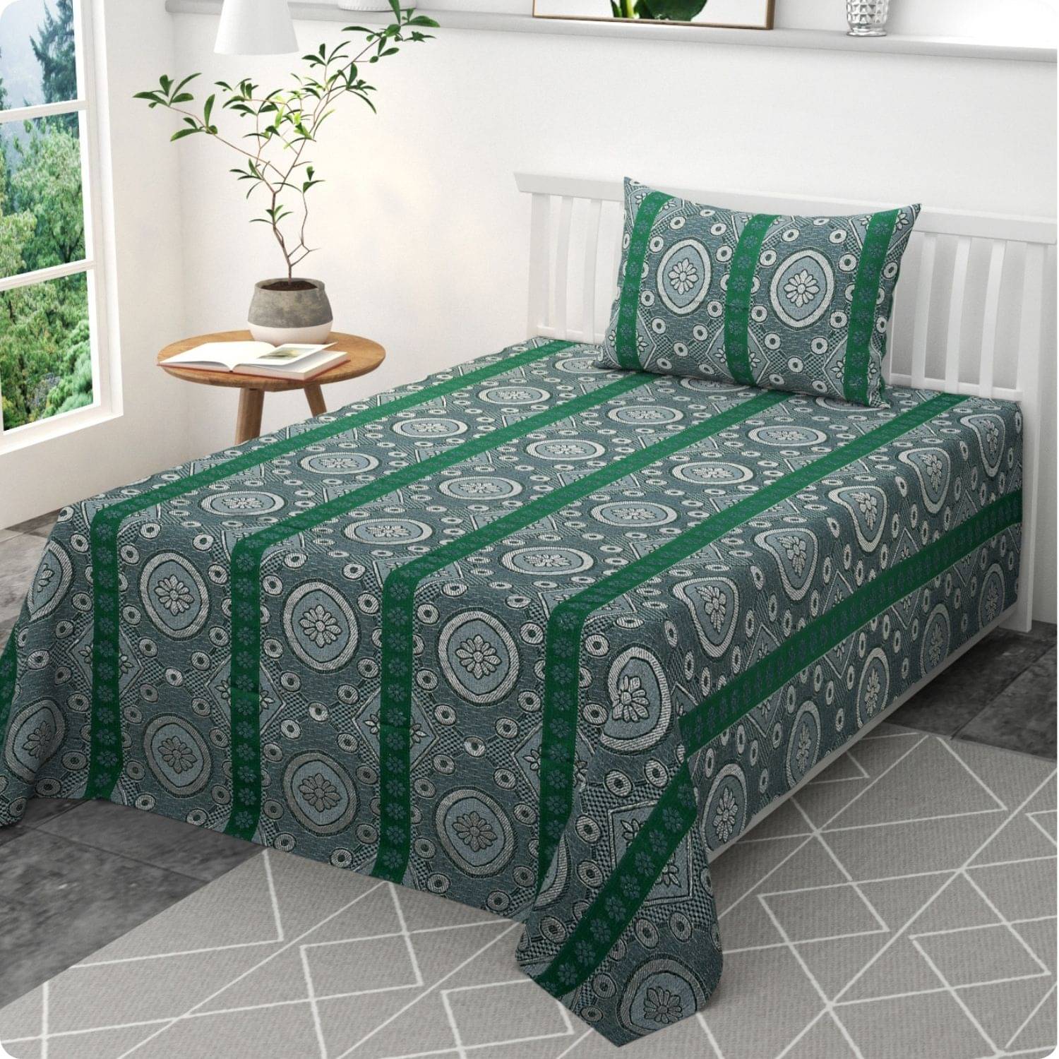     			Mithan Silk 1 Single Bedsheet with 1 Pillow Cover ( Green )