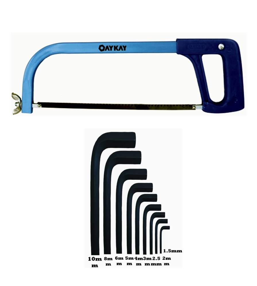 OAYKAY TOOLS Hacksaw Frame With Plastic Handle 300mm & Hex Key Allen Wrench Set with Ball End - Set of 9 Combo OAYKAY TOOLS Hacksaw Frame With Plastic Handle 300mm & Hex Key Allen Wrench Set with Ball End - Set of 9 Combo