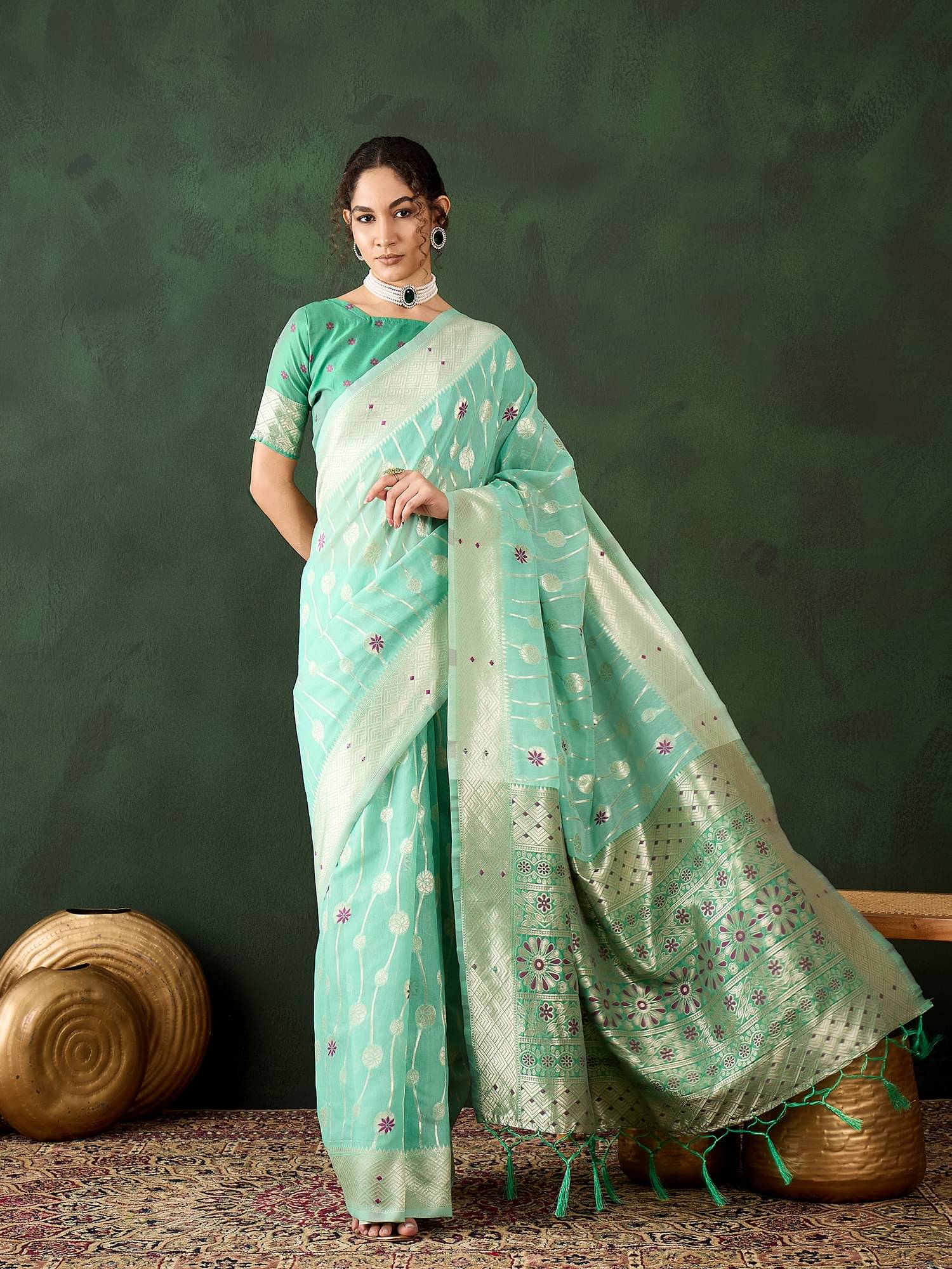 Rangtulika Ethnics Cotton Blend Embellished Banarasi saree With Unstitched Blouse Piece ( Light Blue ) Rangtulika Ethnics Cotton Blend Embellished Banarasi saree With Unstitched Blouse Piece ( Light Blue )