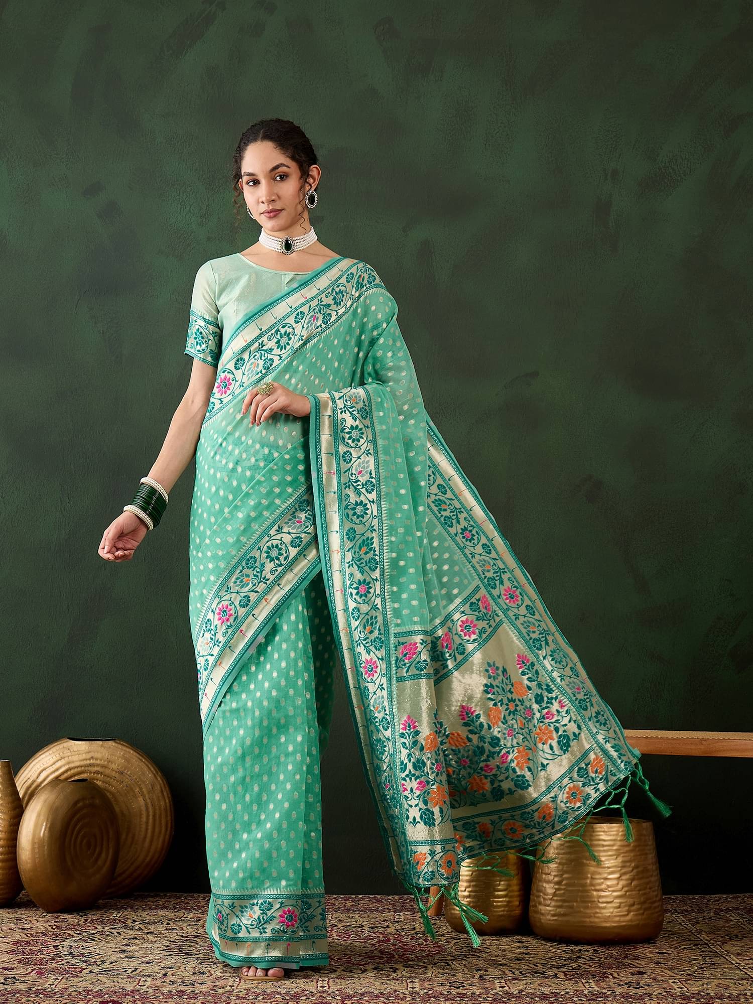 Rangtulika Ethnics Cotton Blend Embellished Banarasi saree With Unstitched Blouse Piece ( Teal ) Rangtulika Ethnics Cotton Blend Embellished Banarasi saree With Unstitched Blouse Piece ( Teal )