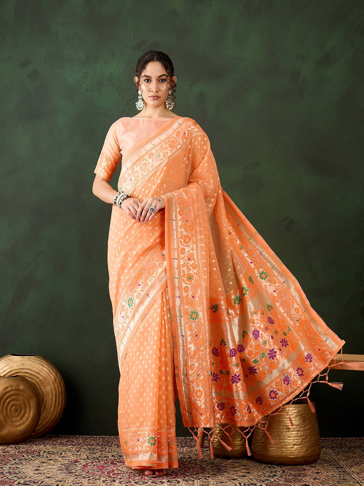 Rangtulika Ethnics Cotton Blend Embellished Banarasi saree With Unstitched Blouse Piece ( Orange ) Rangtulika Ethnics Cotton Blend Embellished Banarasi saree With Unstitched Blouse Piece ( Orange )