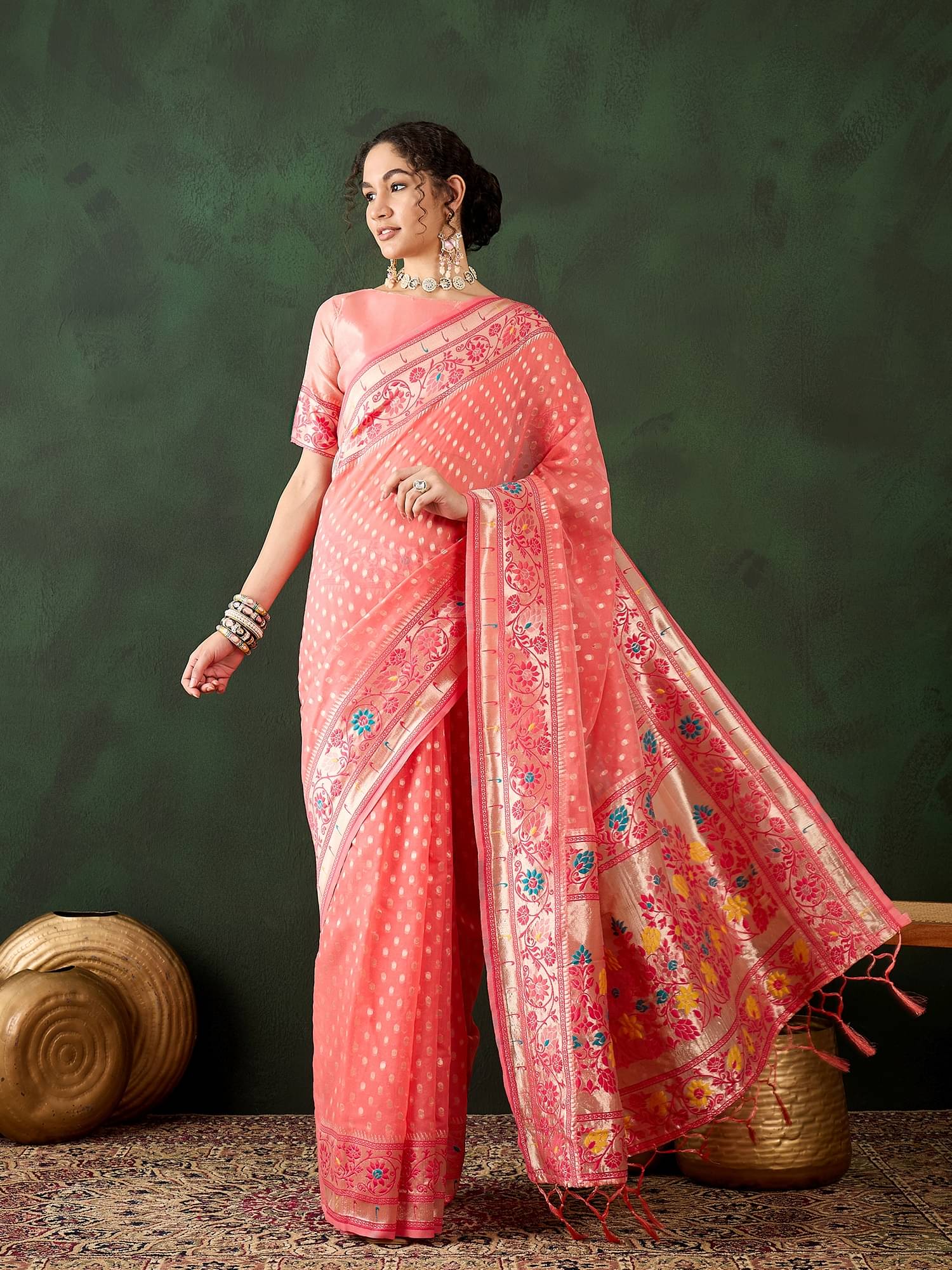 Rangtulika Ethnics Cotton Blend Embellished Banarasi saree With Unstitched Blouse Piece ( Peach )     			Rangtulika Ethnics Cotton Blend Embellished Banarasi saree With Unstitched Blouse Piece ( Peach )