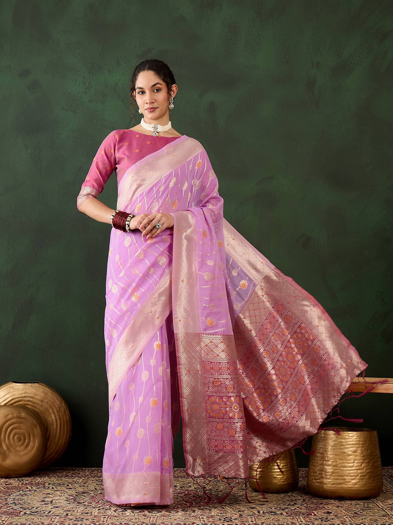 Rangtulika Ethnics Cotton Blend Embellished Banarasi saree With Unstitched Blouse Piece ( Lavender )     			Rangtulika Ethnics Cotton Blend Embellished Banarasi saree With Unstitched Blouse Piece ( Lavender )
