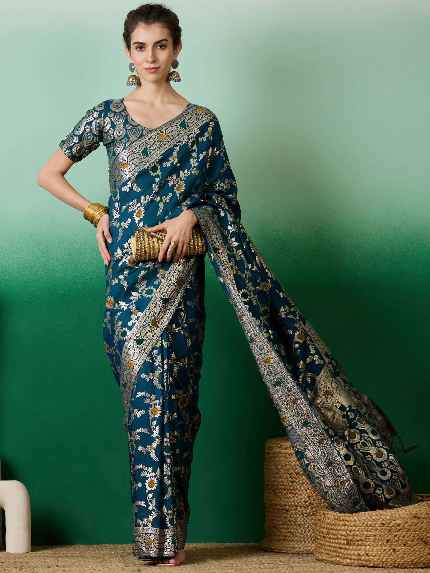 Rangtulika Ethnics Cotton Embellished Banarasi saree With Unstitched Blouse Piece ( Teal )     			Rangtulika Ethnics Cotton Embellished Banarasi saree With Unstitched Blouse Piece ( Teal )