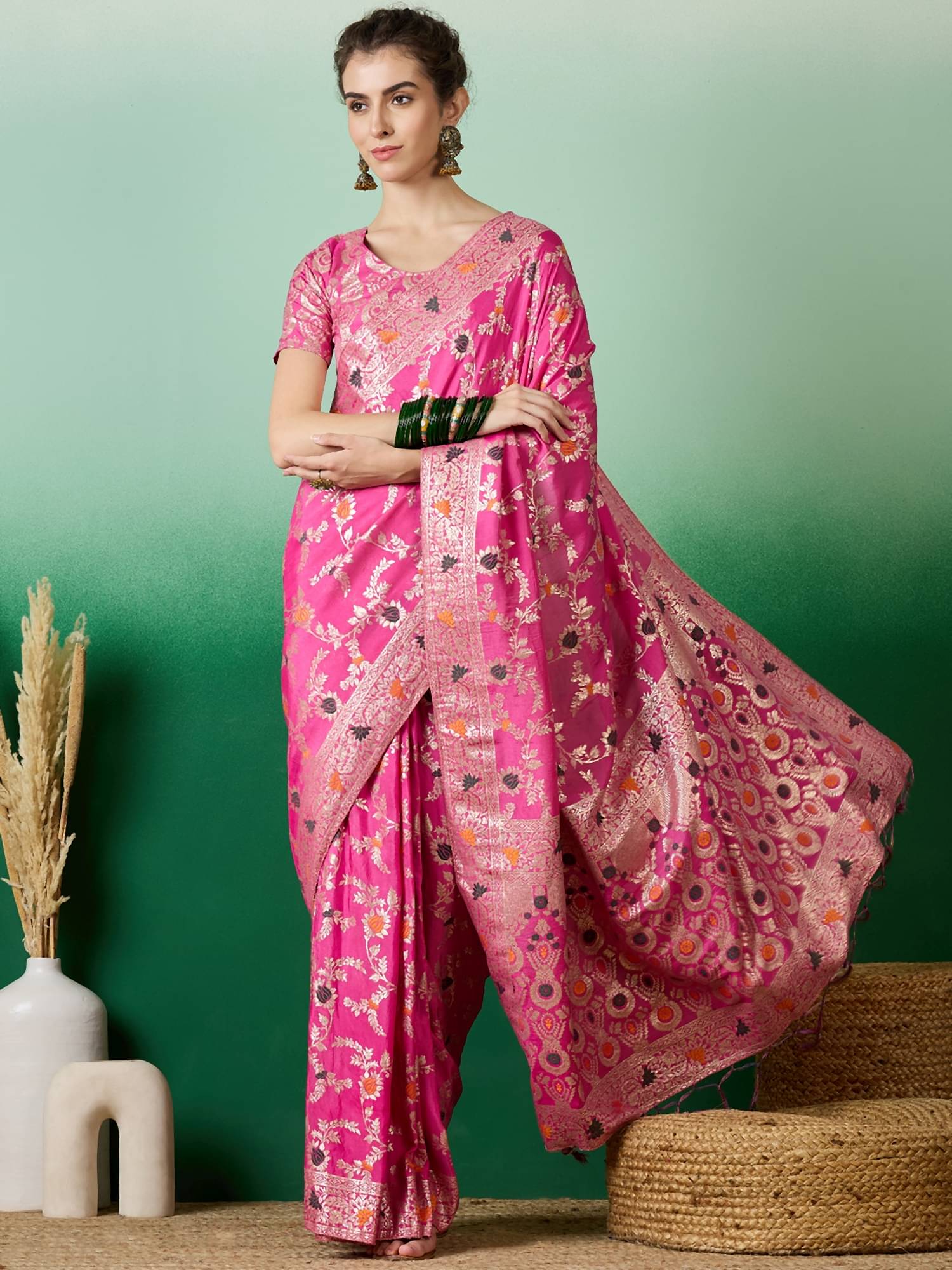 Rangtulika Ethnics Cotton Embellished Banarasi saree With Unstitched Blouse Piece ( Pink )     			Rangtulika Ethnics Cotton Embellished Banarasi saree With Unstitched Blouse Piece ( Pink )