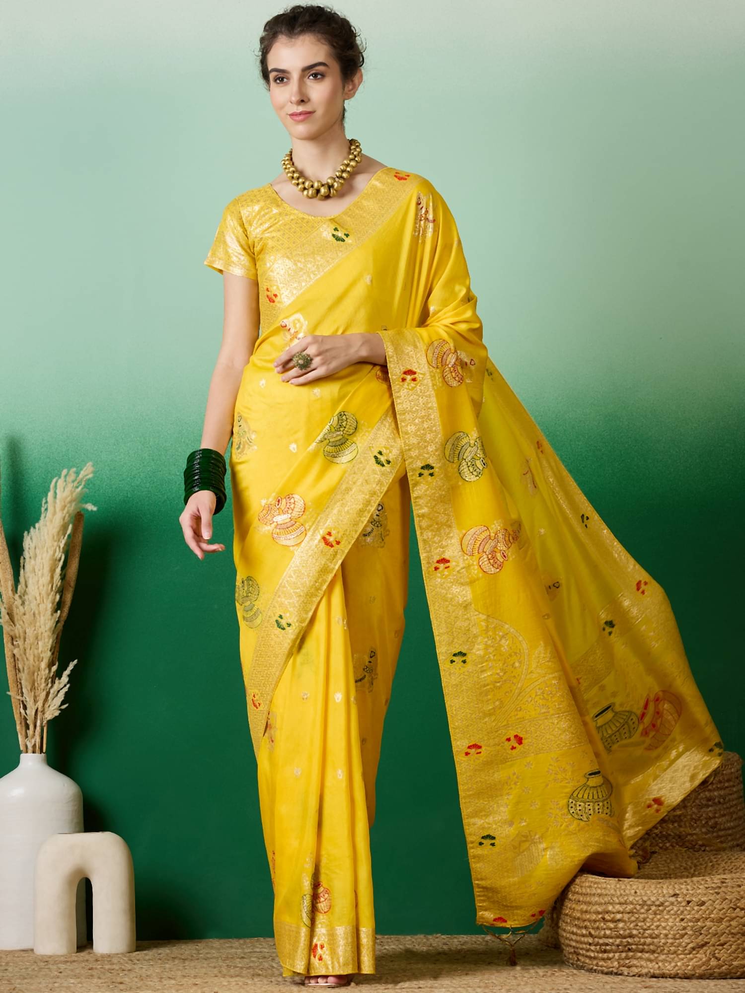 Rangtulika Ethnics Cotton Embellished Banarasi saree With Unstitched Blouse Piece ( Yellow ) Rangtulika Ethnics Cotton Embellished Banarasi saree With Unstitched Blouse Piece ( Yellow )