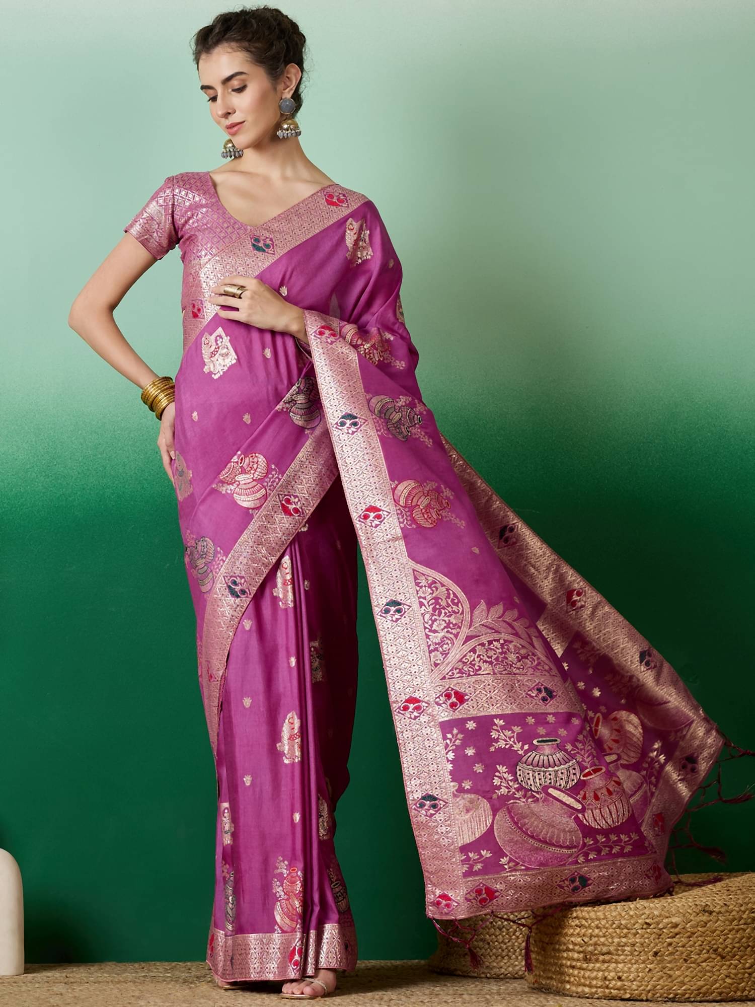 Rangtulika Ethnics Cotton Embellished Banarasi saree With Unstitched Blouse Piece ( Pink )     			Rangtulika Ethnics Cotton Embellished Banarasi saree With Unstitched Blouse Piece ( Pink )
