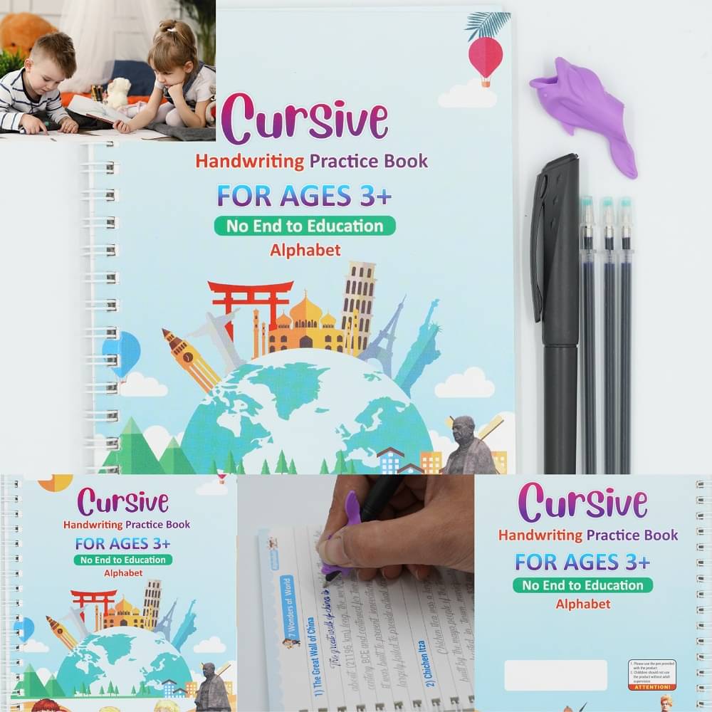    			SHOPONIL Cursive Handwriting Practice Books, Magic Book for Kids, Sank Magic Practice Copybook, General Knowledge Book for Pre-Schoolers with Pen, Magic Calligraphy Copybook Set Writing Tool for Kids