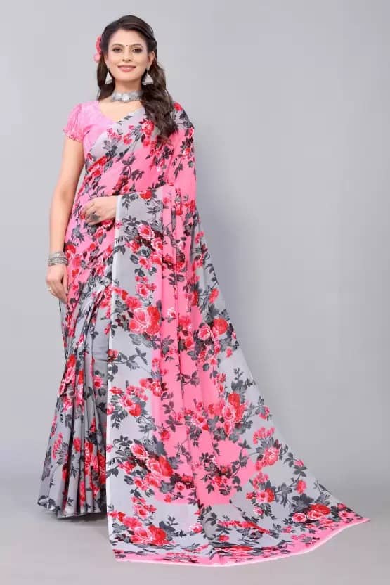 Saadhvi Georgette Printed Saree With Unstitched Blouse Piece ( Peach ) - Sarees | Buy online on ZillyBuy