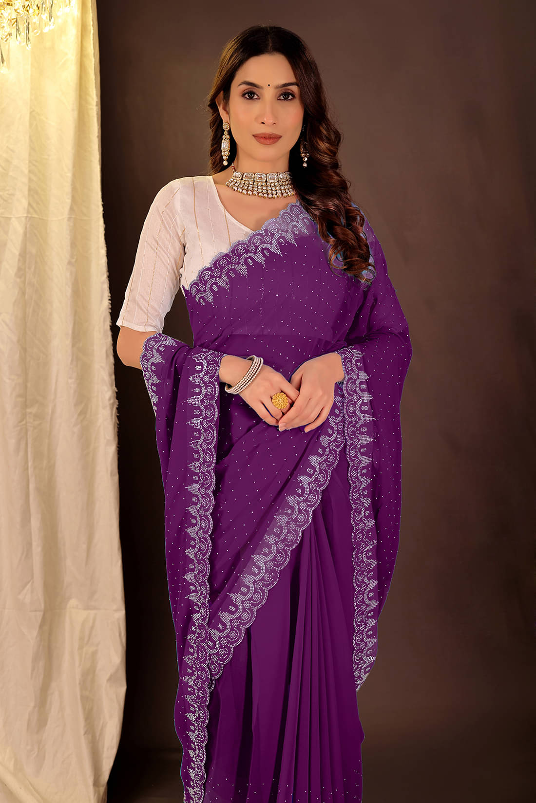 Suali Georgette Embellished Saree With Unstitched Blouse Piece ( Purple ) Suali Georgette Embellished Saree With Unstitched Blouse Piece ( Purple )